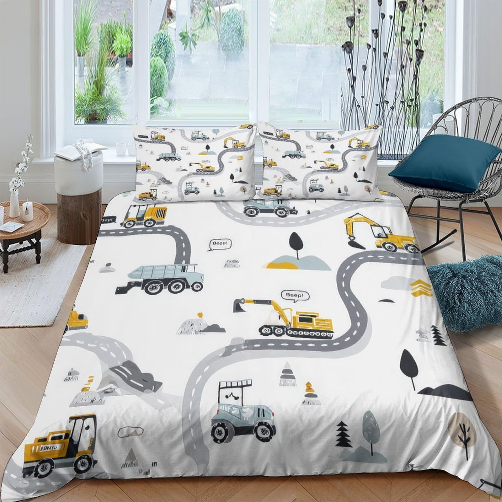Ctjqhvkz Style-3 3D Printed Construction Vehicles Fitted Sheet Microfiber Soft Breathable Road Map Bed Cover For Bedroom Guest Room Decor Single（135X200cm）