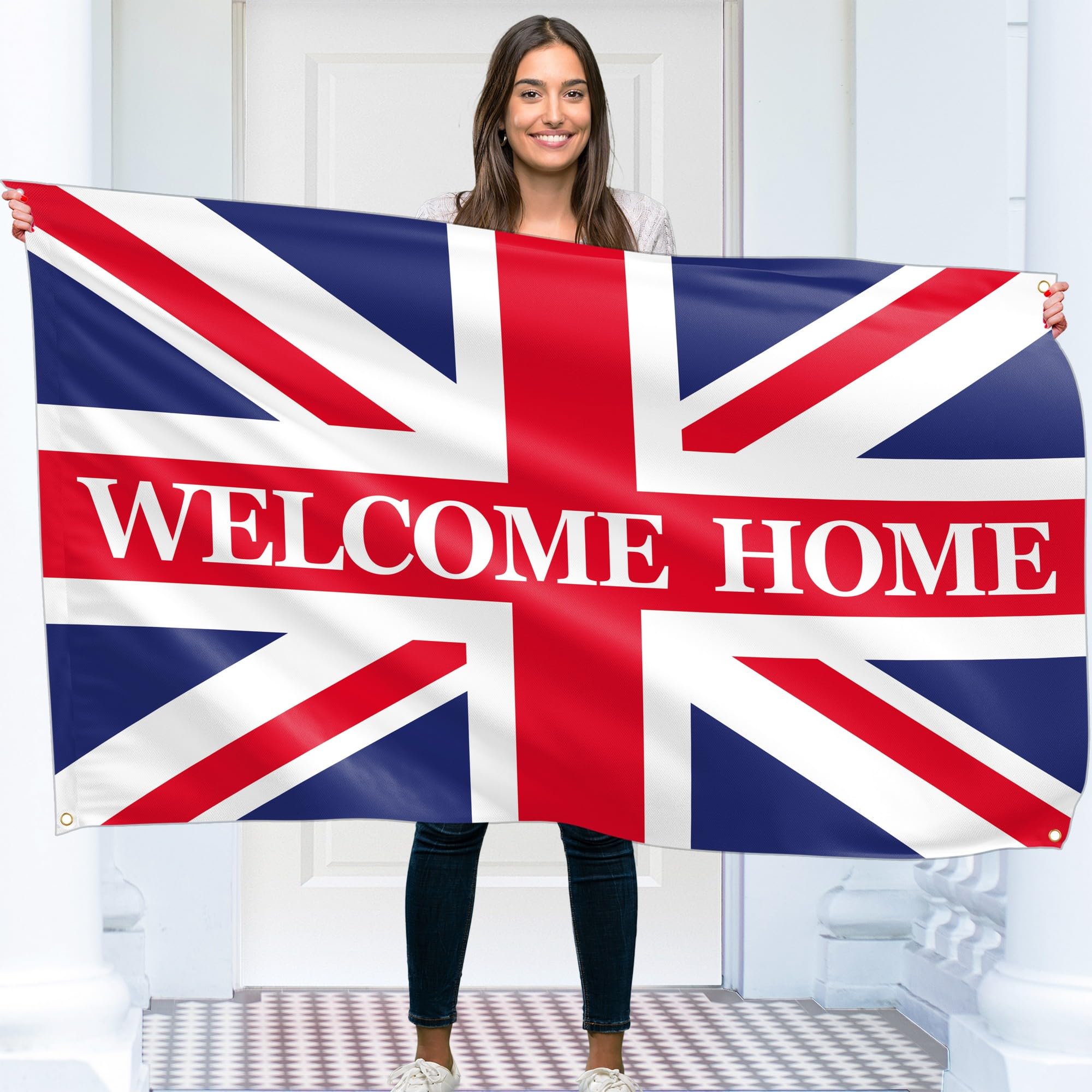 Welcome Home Banner - Welcome Back banner Union Jack - Welcome Home decorations - 5ft x 3ft Vivid Digital Print - 110Den Thick polyester - Double Seam (White)