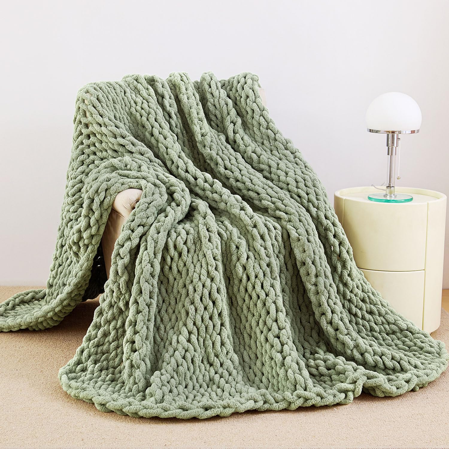 Photo 1 of Admitrack Chunky Knit Blanket Throw, 100% Hand Knit Chenille Throw Blanket for Sofa & Home Decor, Soft and Cozy Knitted Throw Blankets (Sage Green, 60"x80")