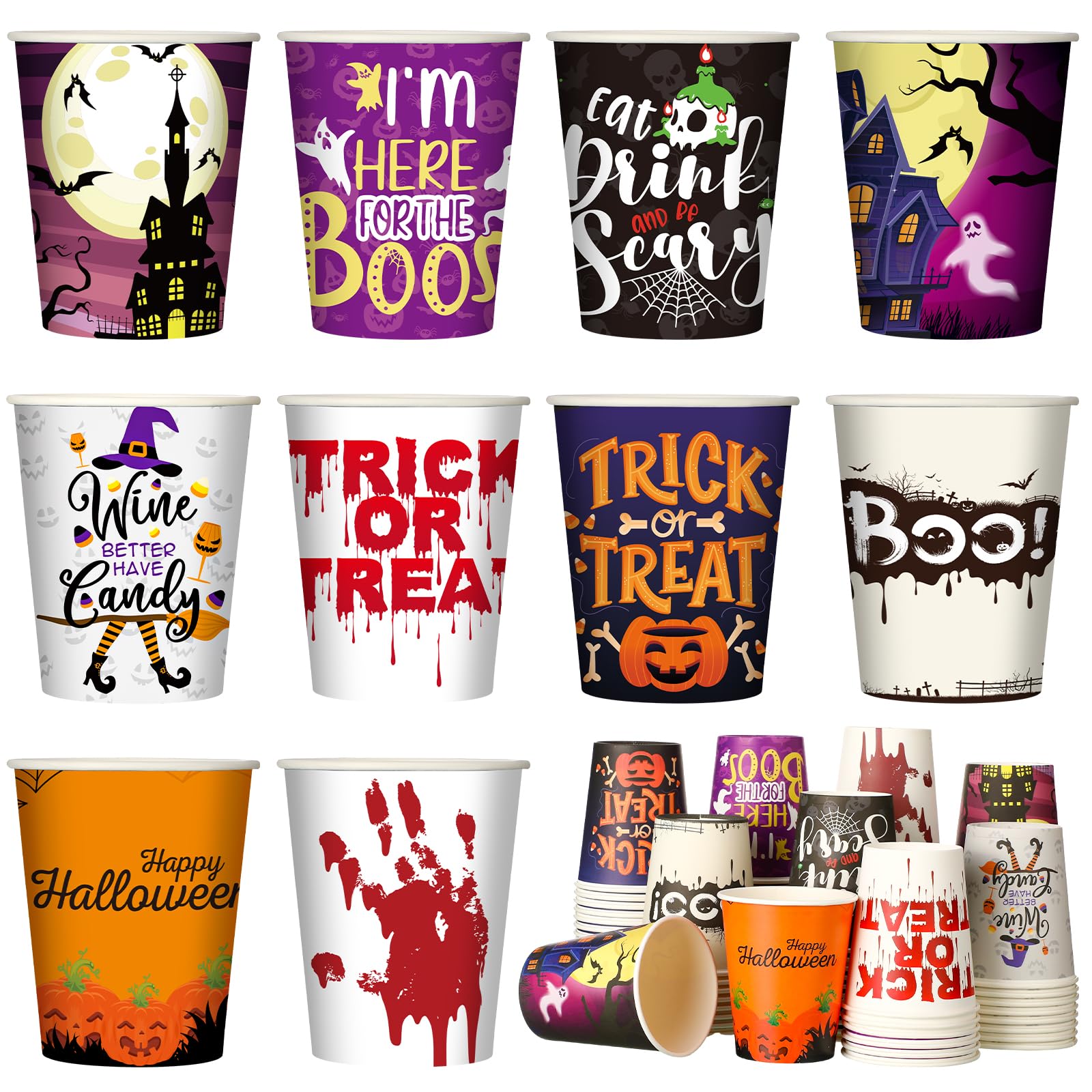 100 Pcs Halloween Disposable Cups 9 oz Paper Coffee Cups for Kids Adults Holiday Party Cups Halloween Party Supplies, 10 Styles
