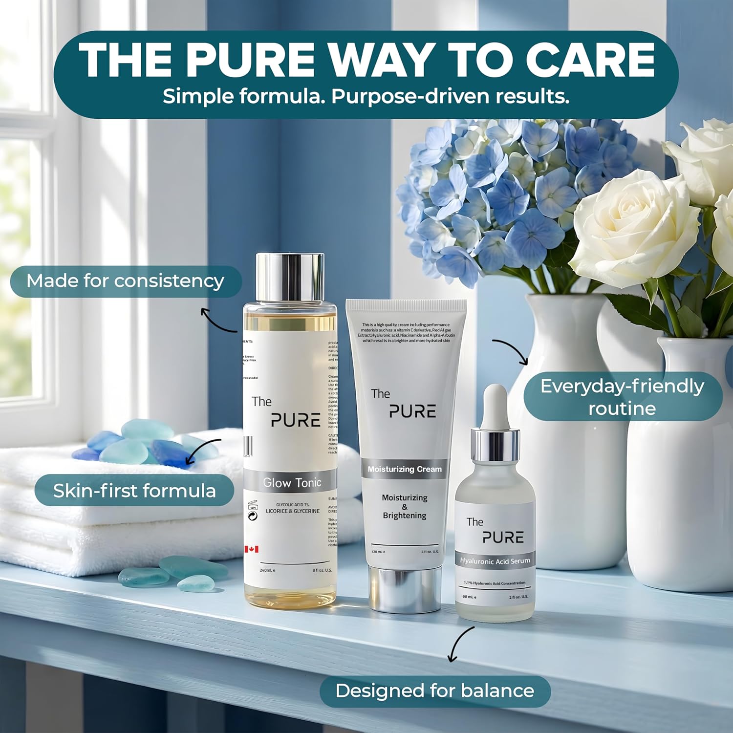 The Pure Skincare Set, Moisturizing Cream, Glow Tonic and Hyaluronic Acid Serum, Hydrating & Brightening Face Care Kit for Anti Aging, Wrinkles, Dark Spots & Radiant Skin - Image 3