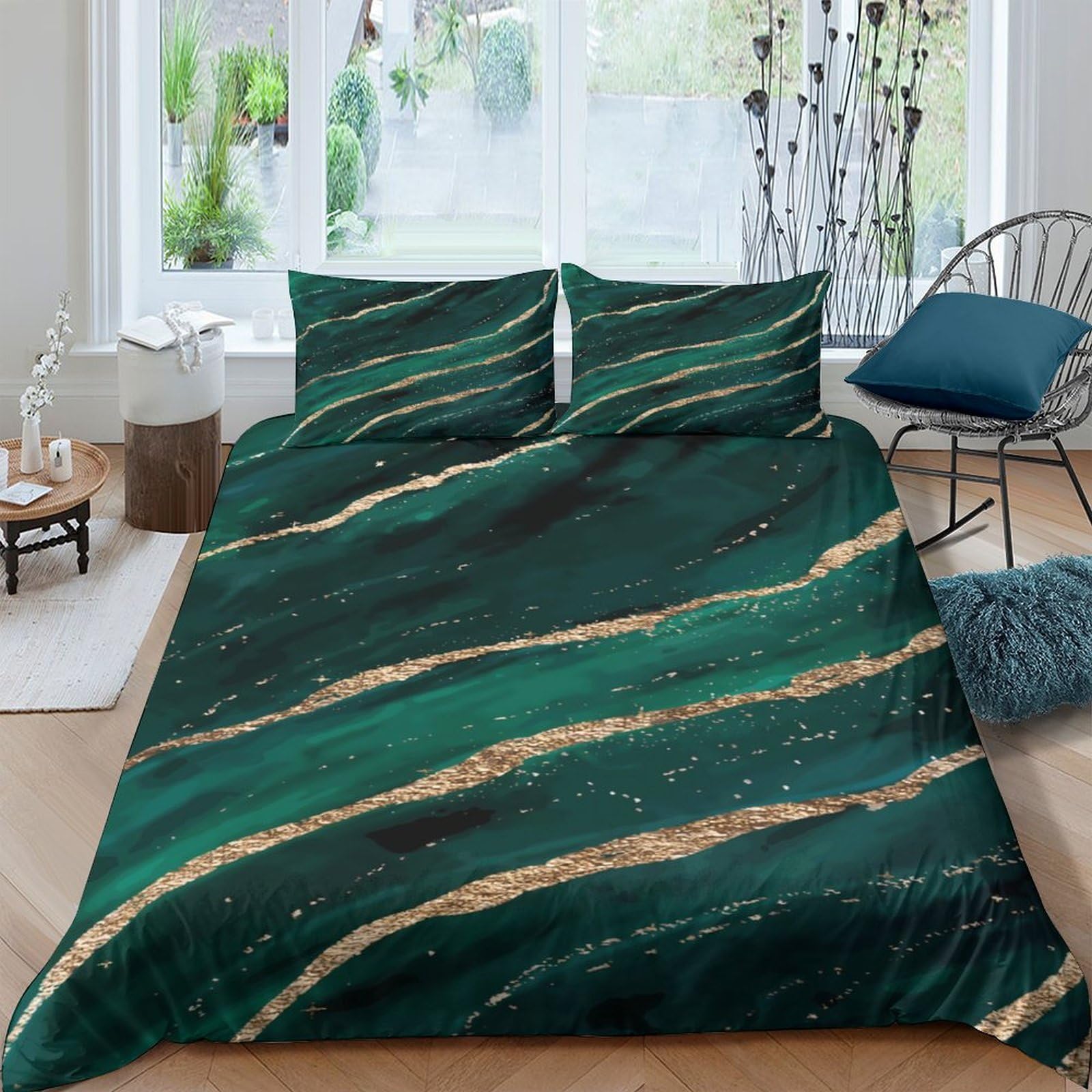GPLZQXKJNH 3D Printed Emerald Marble Duvet Cover Microfiber Soft Gold Veins Bedding Set with 2 Pillowcases for Bedroom Decor Single（135x200cm）
