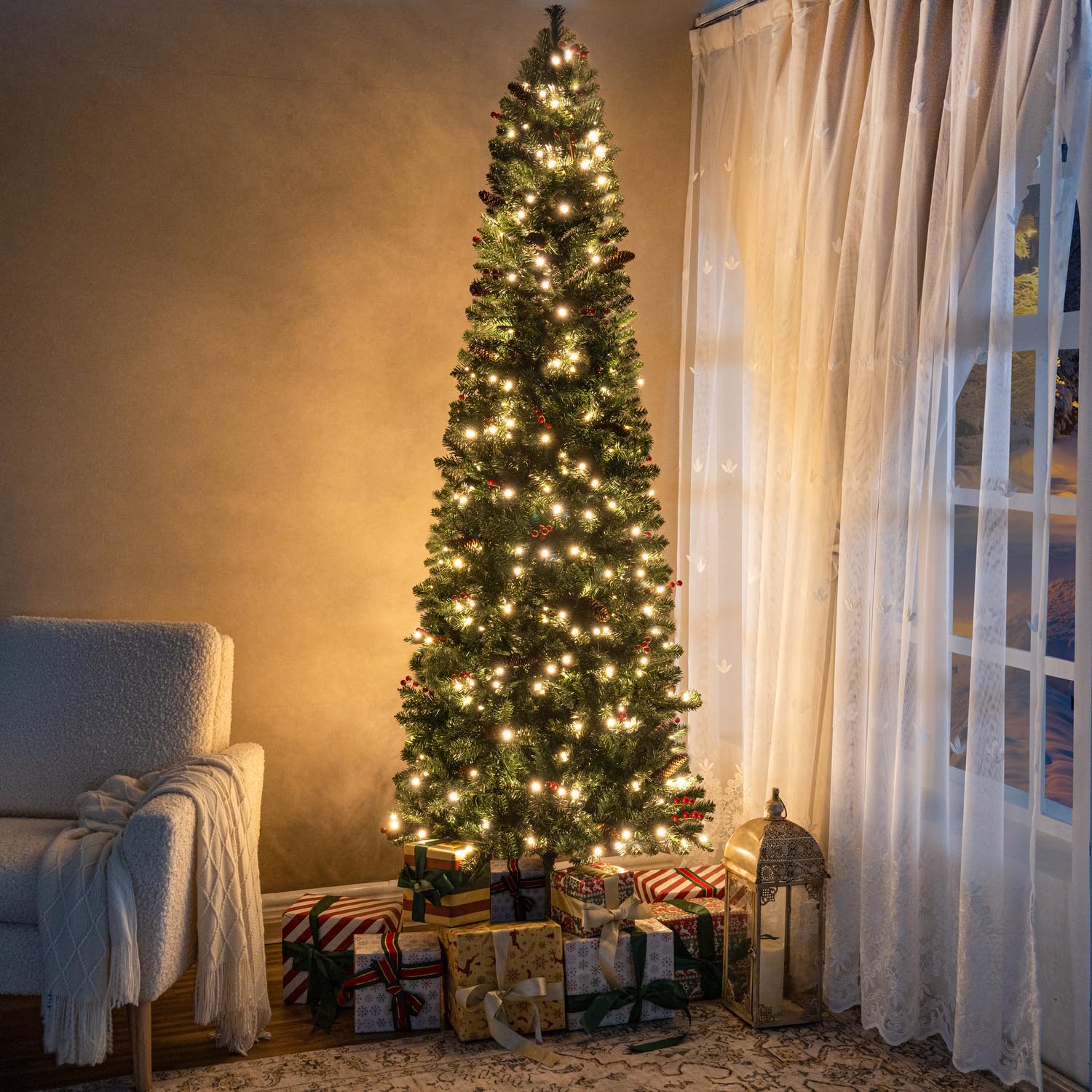 Naomi Home 7.5ft Pencil Christmas Tree with Lights, Realistic Pre-Decorated Slim Christmas Tree Prelit with 1099 Branch Tips, 350 Warm Lights and Metal Stand, Aritificial Xmas Tree