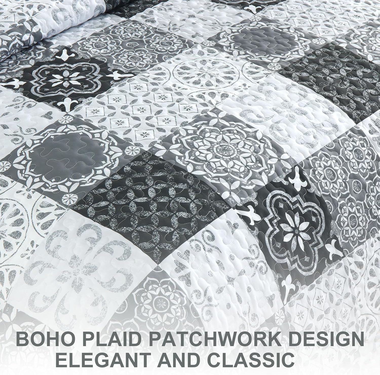 Dobuyly Grey Black Quilt Set California King Size, Boho Plaid Patchwork Bedspreads Coverlet Set, 3 Pieces Soft Lightweight Microfiber Farmhouse Cal King Quilt Bedding Set for All Seasons 112"x96" - Image 8