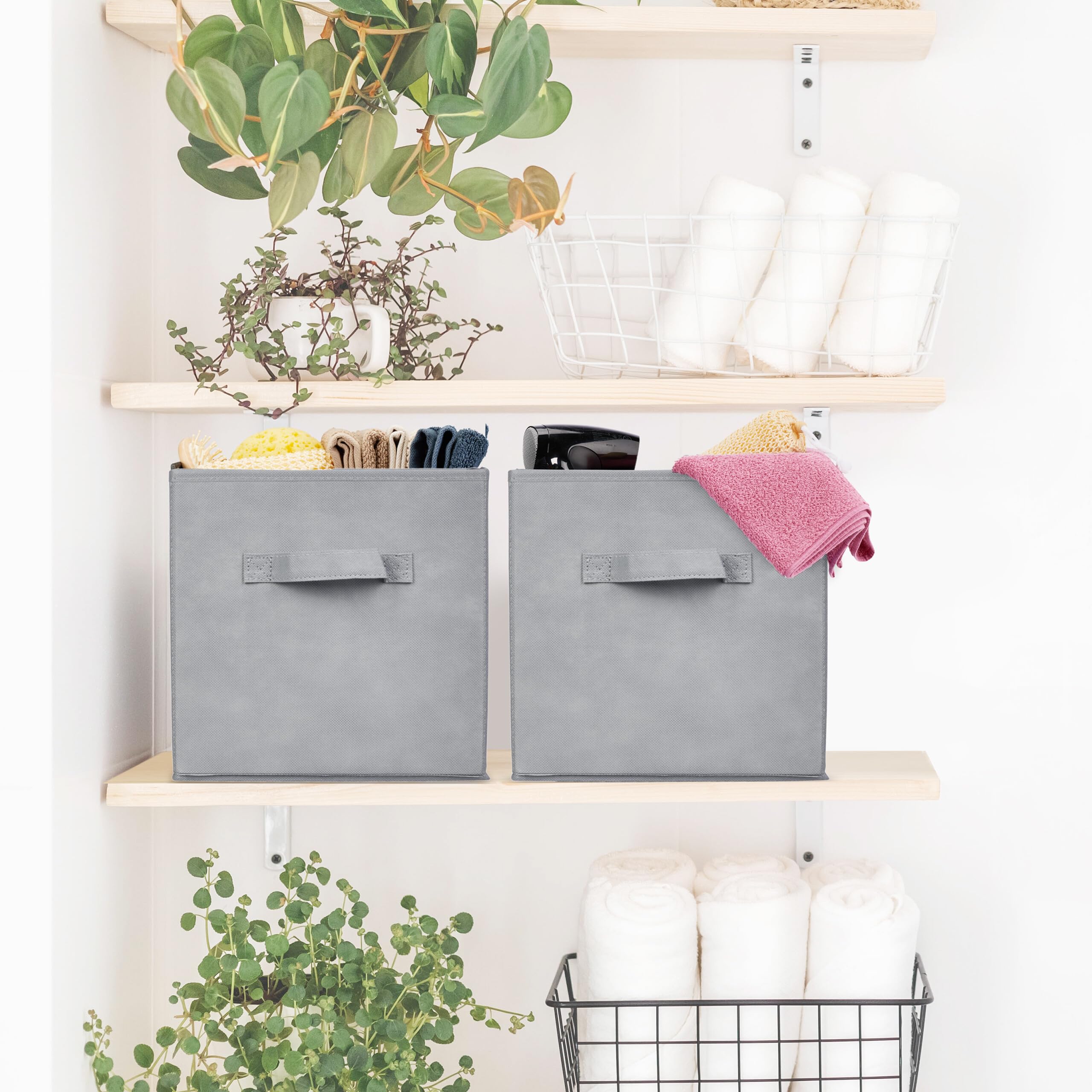 Relaxdays Aufbewahrungsbox, 3er-Set, 19 l, Ordnungsbox aus Stoff, hellgrau | HBT 26,5x28x28cm, faltbarer Regalkorb, Griff