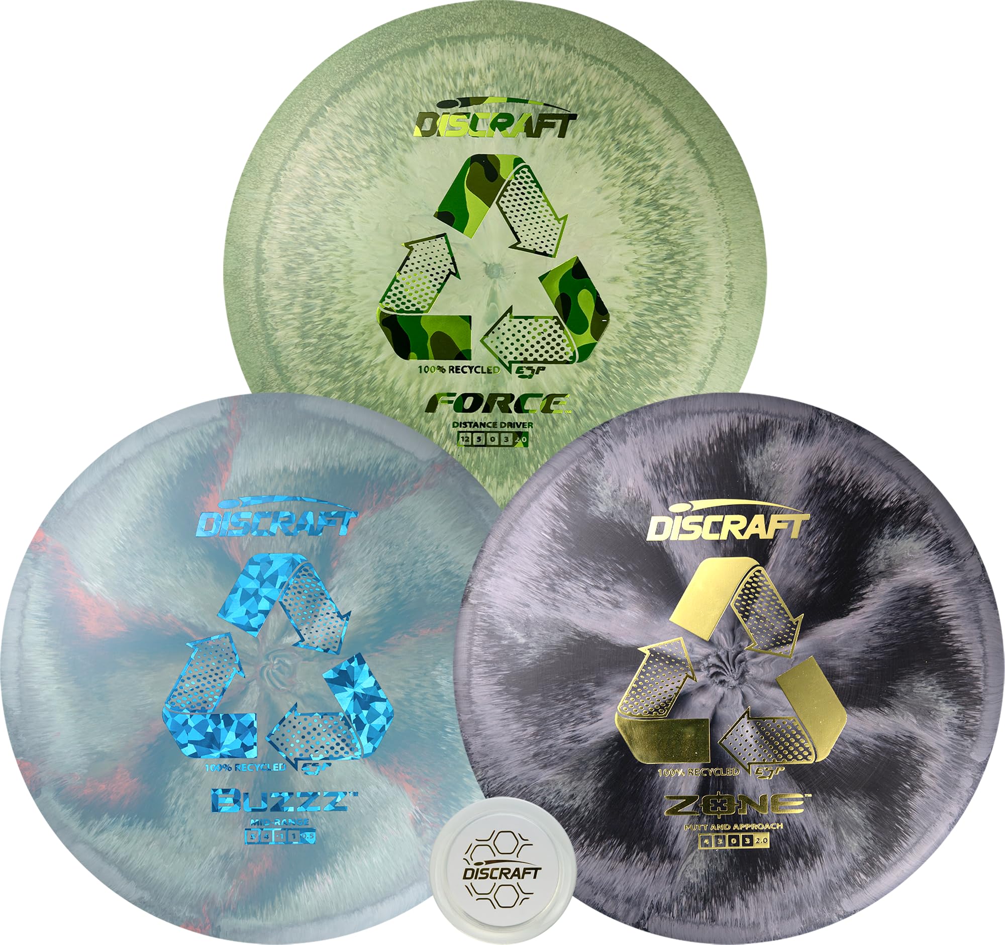 Recycled ESP 3-Pack Disc Golf Set - Includes Buzzz, Force, Zone - 100% Recycled Material, Eco-Friendly Performance Discs. Disc Colors, Foils, and Weights Will Vary.