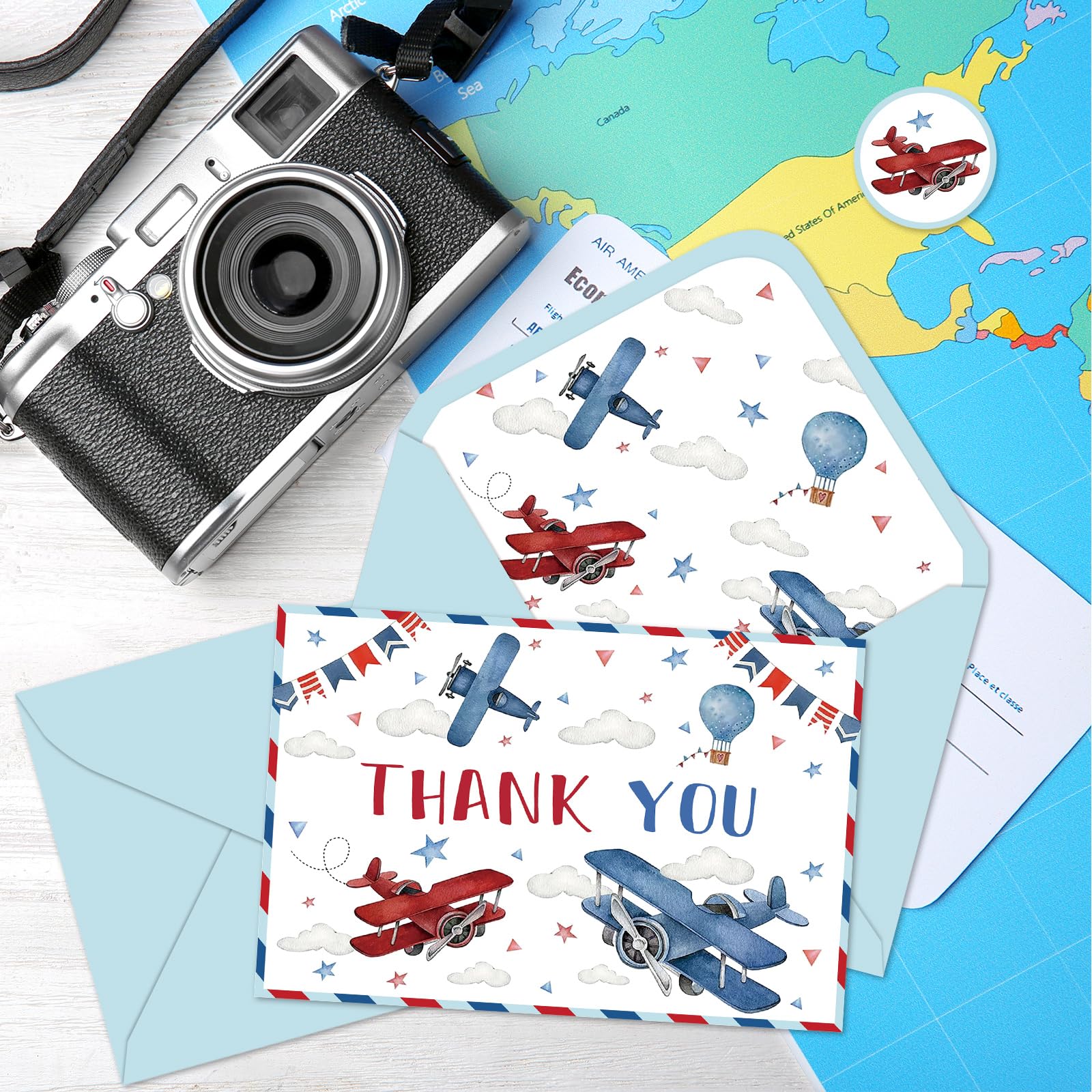 JarThenaAMCS Paquete de 24 tarjetas de agradecimiento de viaje en avión con sobres, calcomanías, tarjeta de notas en blanco para cumpleaños, baby shower, suministros de fiesta
