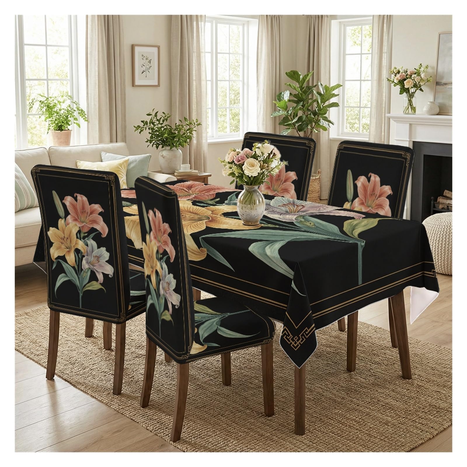 BOSUYBN Vintage Lily Floral Dining Tablecloth & Chair Covers Set, 5/7 Piece Elegant Classic Home Decor Table Setting(5pcs Set: Tablecloth+Chair Covers)
