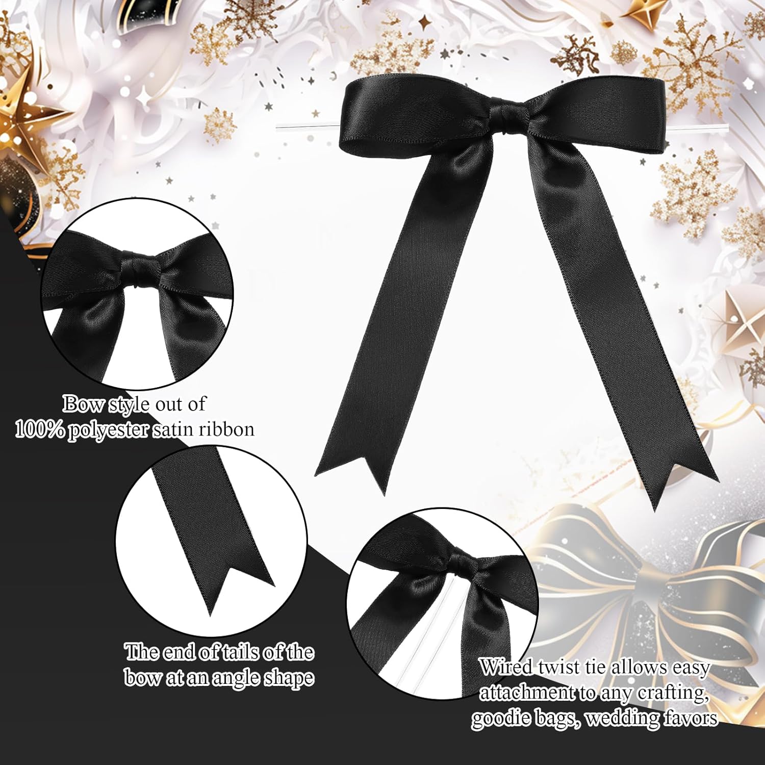 Riceshoot 50 Pcs Black Satin Ribbon Bows 5x7 Inch Large Twist Tie Bow for Gift Wrapping Champagne Bottle Balloon Treat Bag DIY Craft Decor Wedding Bridal Baby Shower Birthday Holiday Party - Image 3