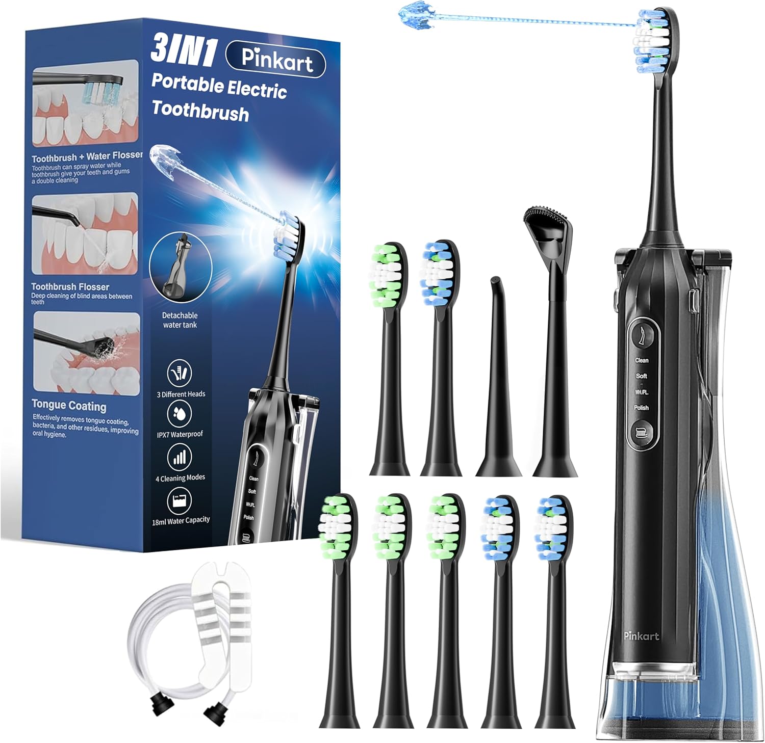 Product image of Pinkart 3 in 1 Electric Toothbrush with Water Flosser Combo for Adults, Toothbrush Flosser Combo in One, 8 Brush Heads, Flosser Tip, 180ML Water Tank, Rechargeable Portable Oral Irrigator (Black)