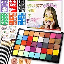 POWZOO Face Paints for Children, Face Paints for Children-40 Colours, Face and Body Paint, Washable, Non-Toxic, with 11 Brushes, 41 Stencils and 2 Stickers, Make-Up Carnival Halloween.