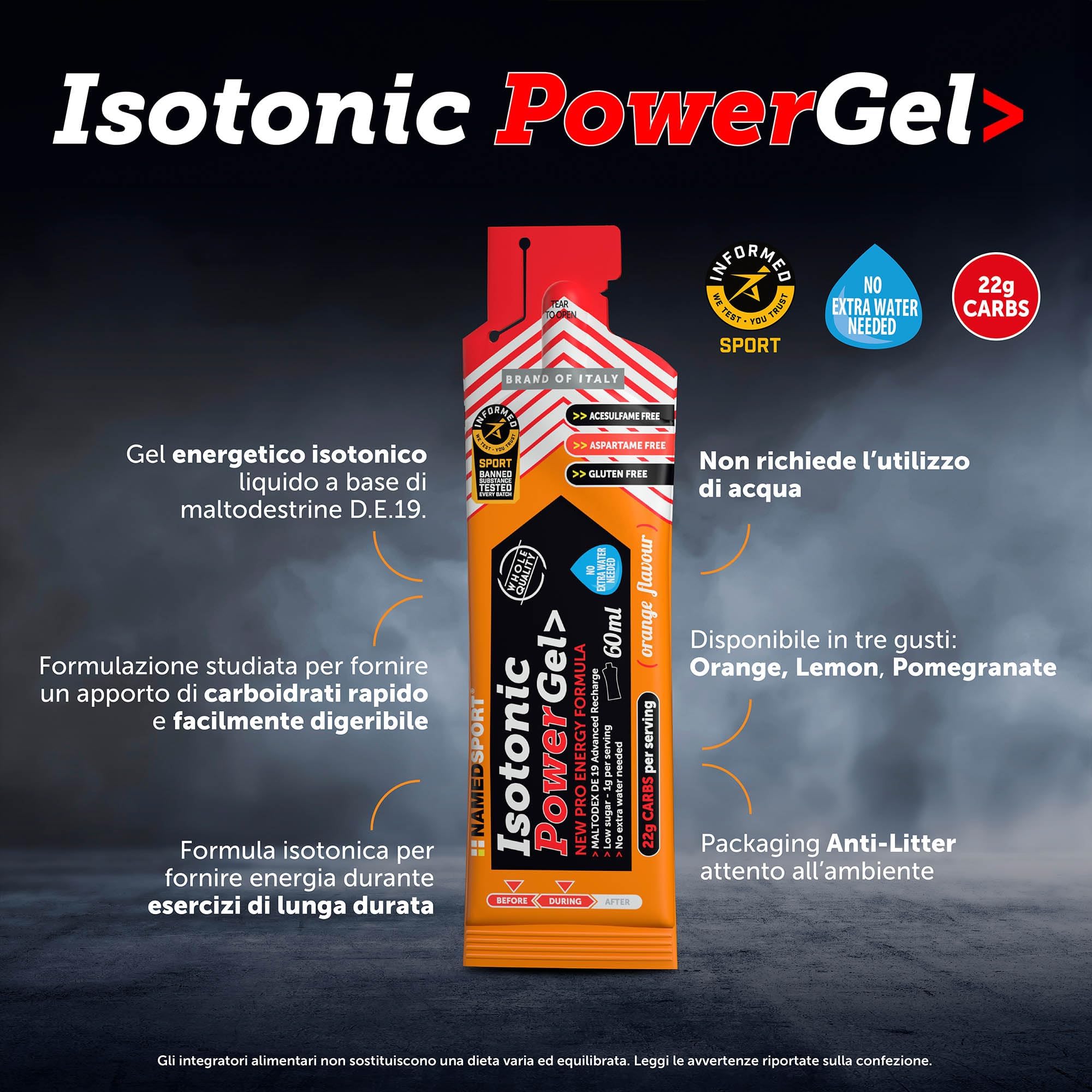 NAMEDSPORT ISOTONIC POWER GEL Orange, Gel Energetico Isotonico 60ml, Ricarica Energetica Istantanea con 22g di Carboidrati, Ideale per Sport di resistenza, Confezione da 24