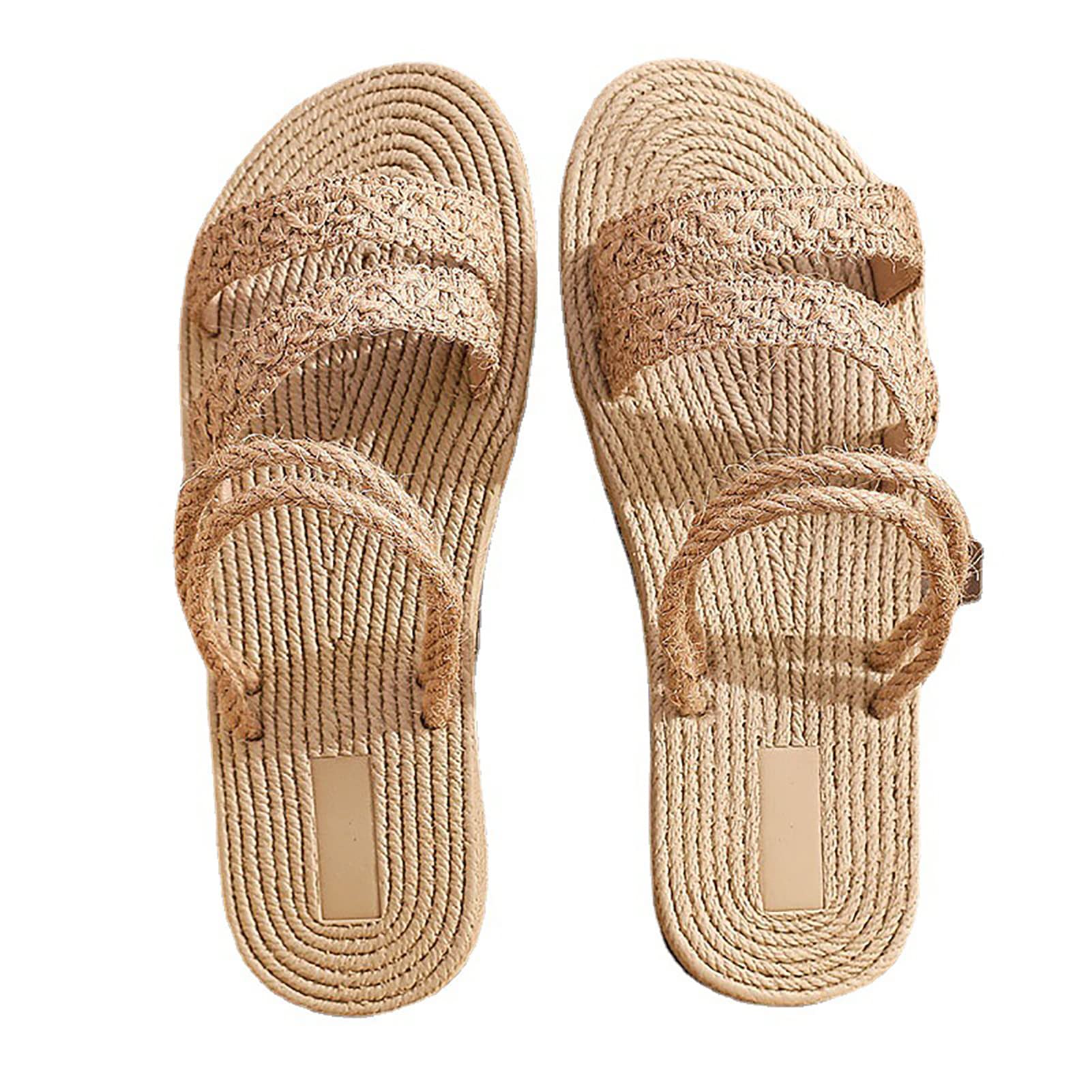ZPLINGHandmade Straw Slippers Non-slip Sandals Flip-flops Couples Beach Shoes Unisex Home Slippers,EU41,Beige