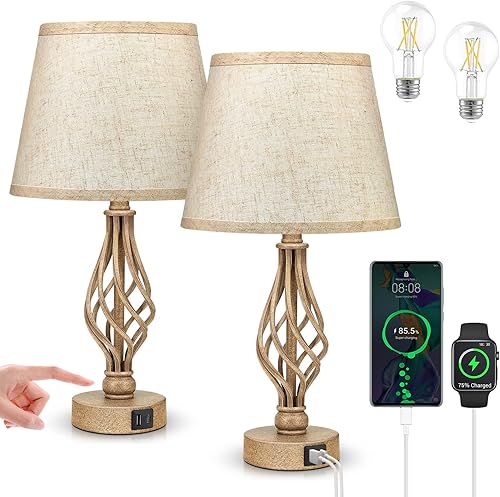 Juego de 2 lámparas de noche de mesa táctil lámparas de mesita de noche con puertos USB tipo C lámpara de escritorio para sala de estar dormitorio