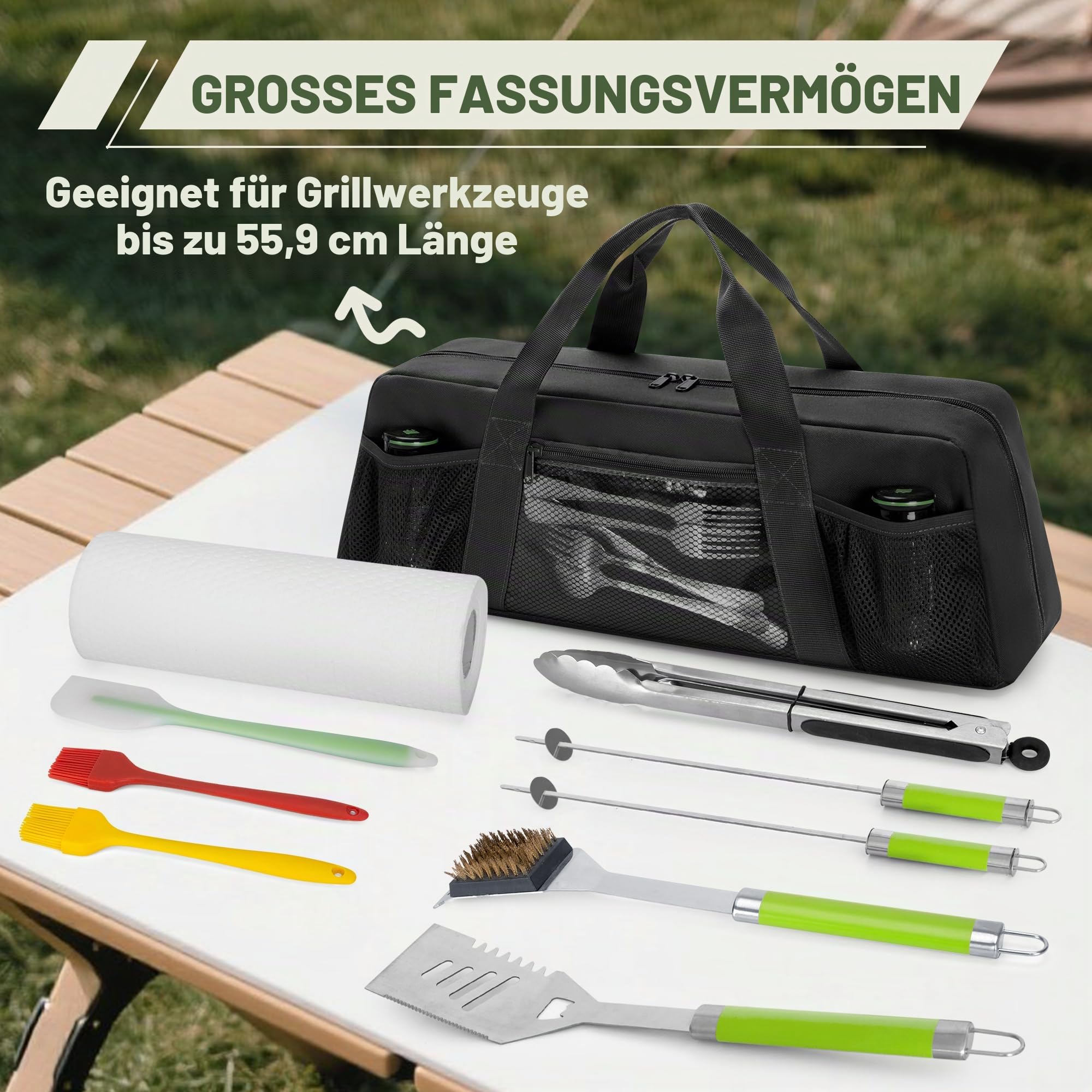 HODRANT Aufbewahrungskoffer für Grillutensilien im Freien für Werkzeuge bis zu 22 Zoll, großer Grillzubehör-Caddy mit Mehreren Taschen, nur Tasche