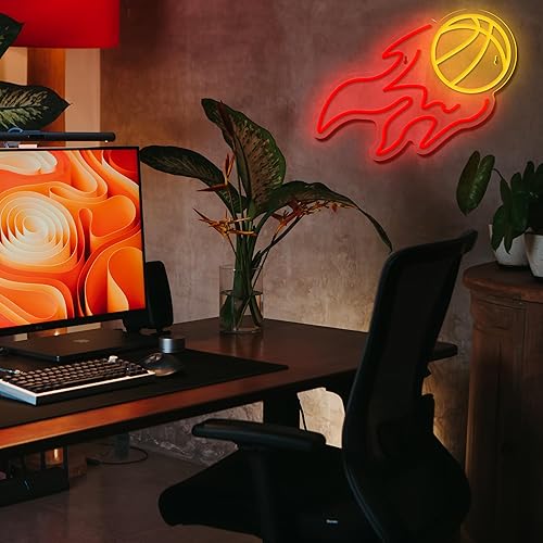 Miniatura 6 de Letrero de neón de baloncesto en fuego, bola de luz de neón, letreros deportivos para decoración de pared, luz nocturna alimentada por USB, para