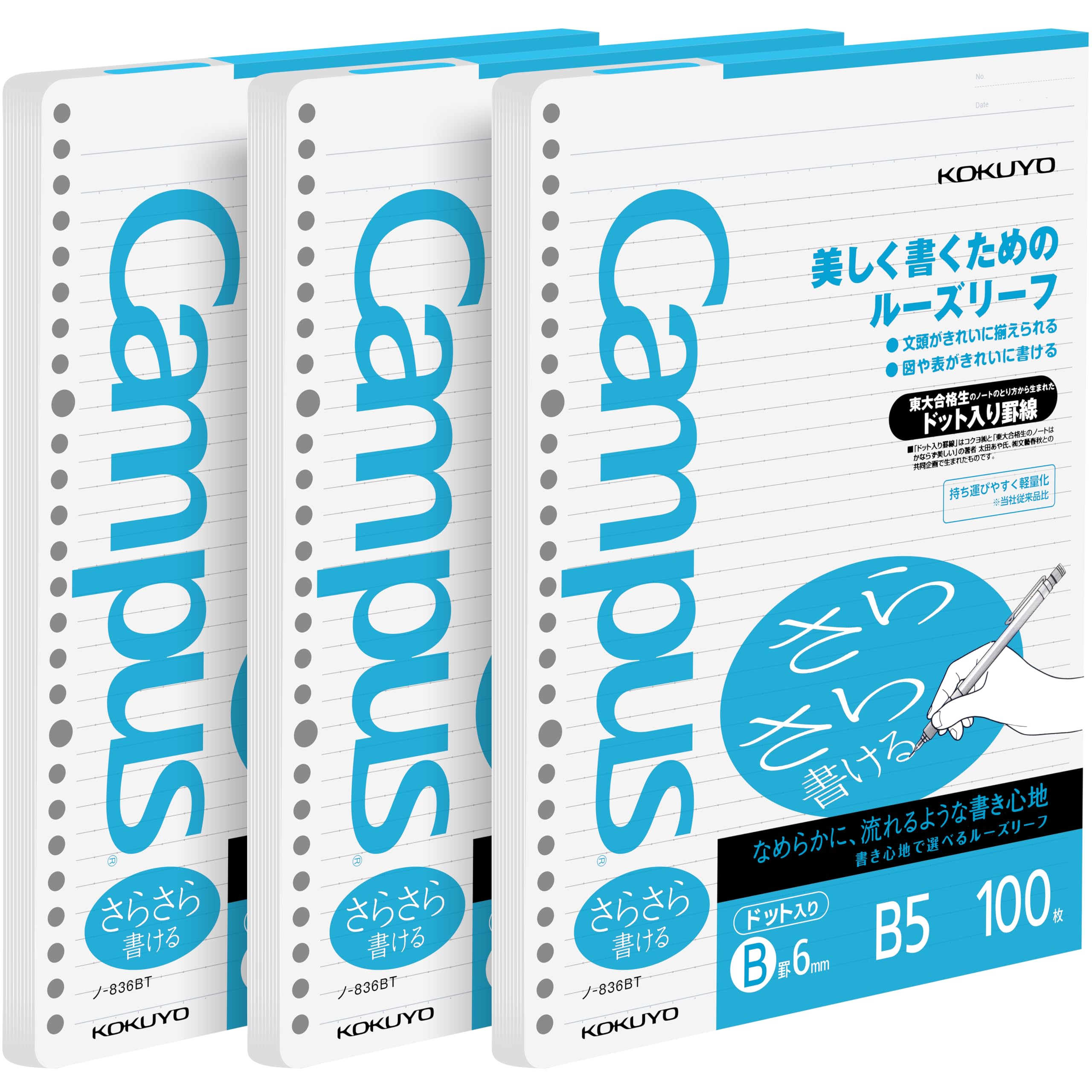 Kokuyo Sarasara B5 Loose Leaf Paper for Binders, 6mm Dotted, 26 Holes, 36 Lines, 100 Sheets, pH Neutral, Bleed Resistant, 75gsm, Pack of 3, Japan Import (NO-836BTN)