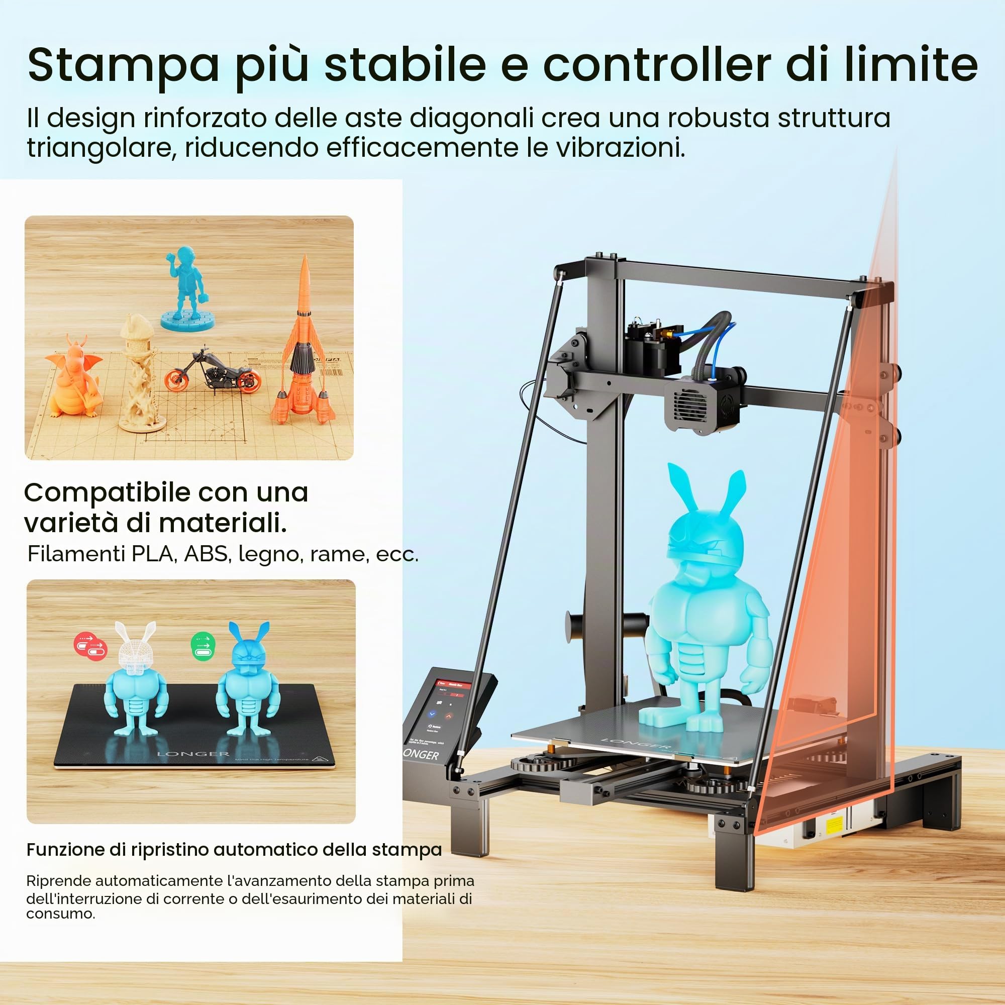 LONGER LK5 Pro Stampante 3D, preassemblata al 90%, volume 300×300×400 mm, piano in vetro riscaldato, scheda madre silenziosa, tubo in teflon alta temperatura, open source.
