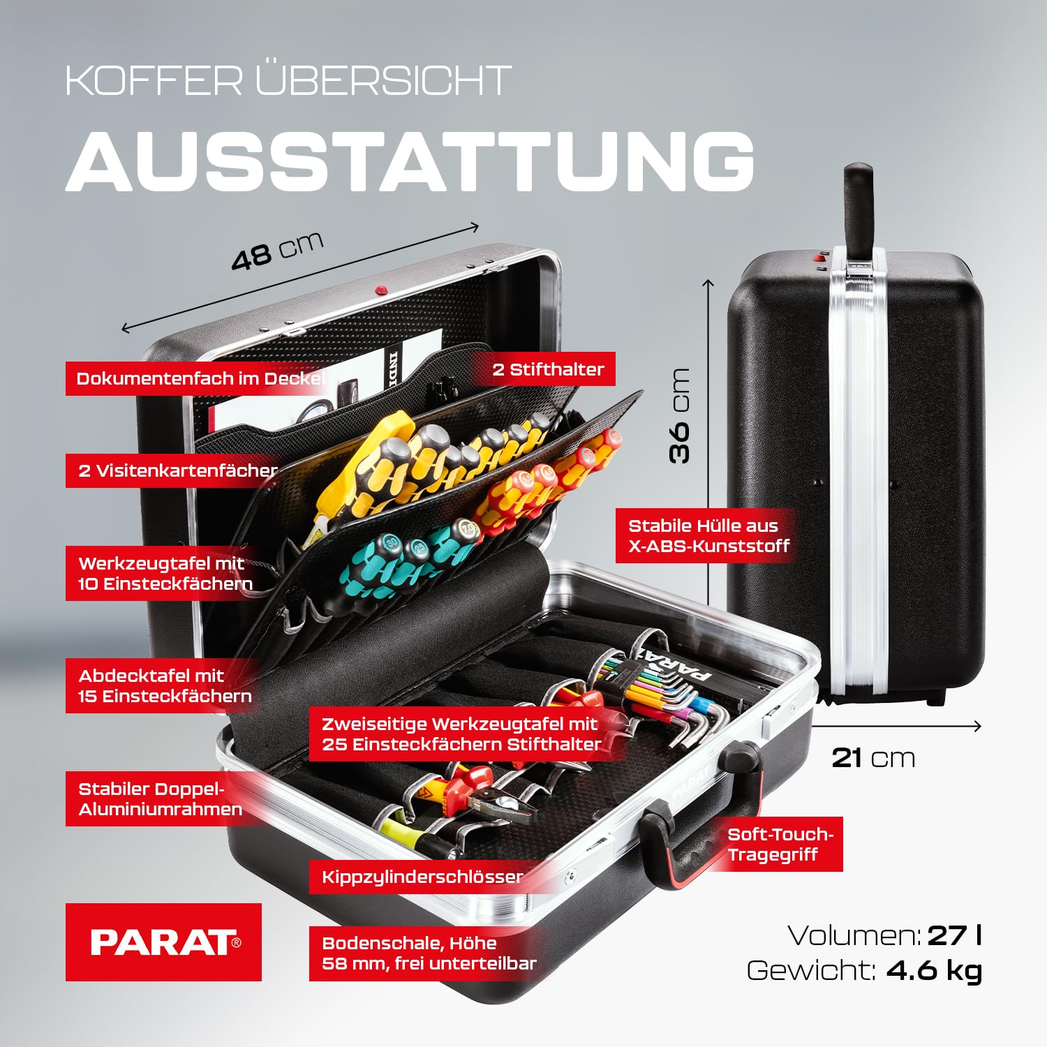 PARAT Classic Plus Safe - Maletín de herramientas con cerradura de combinación para 50 herramientas, incluye funda enrollable básica 8, robusta caja de herramientas con marco de aluminio, caja de