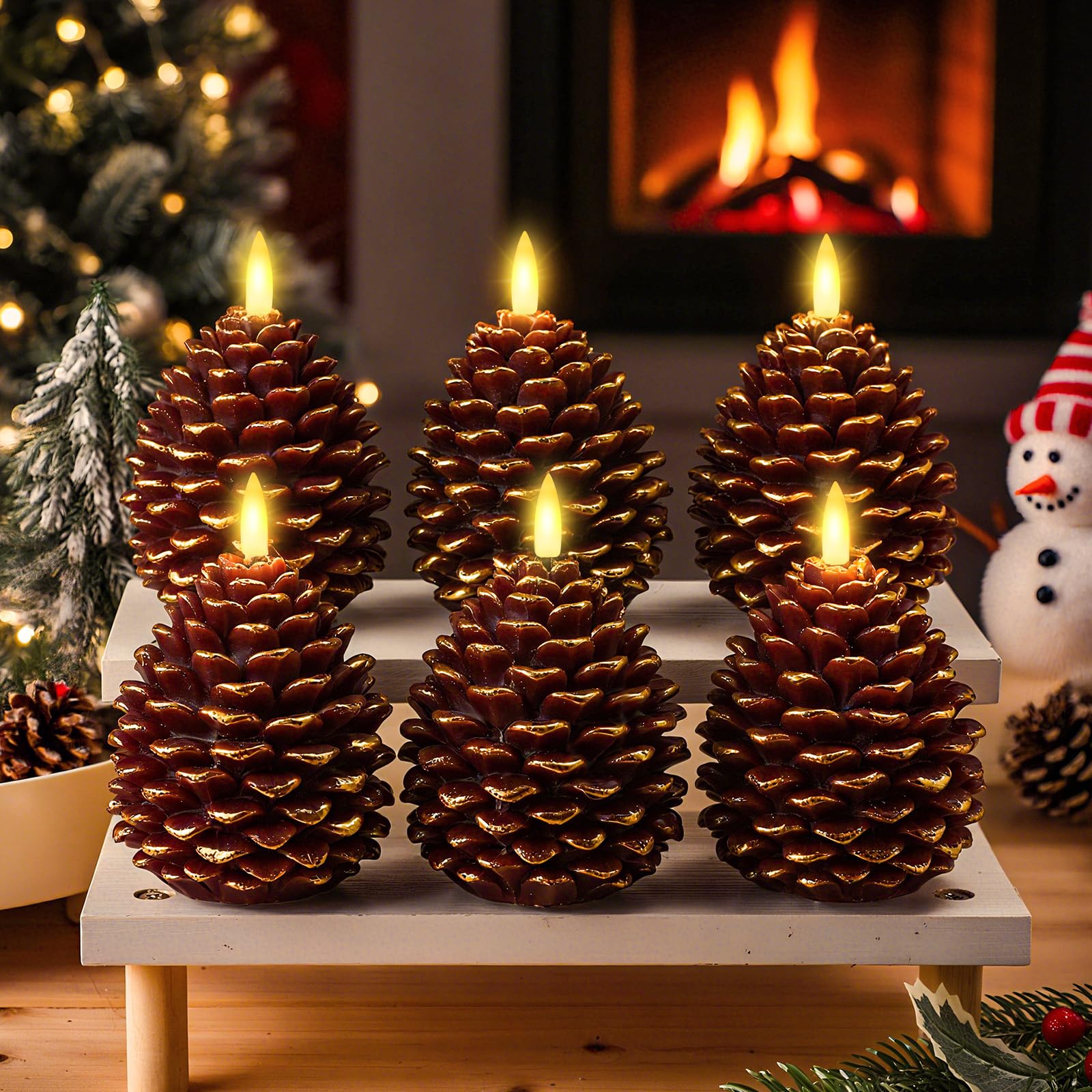 Honoson 6 candele LED senza fiamma a forma di pigna, con timer, funzionamento a batteria, stoppino tremolante, candele natalizie a forma di pigna, per decorazione di interni e festività, marroni