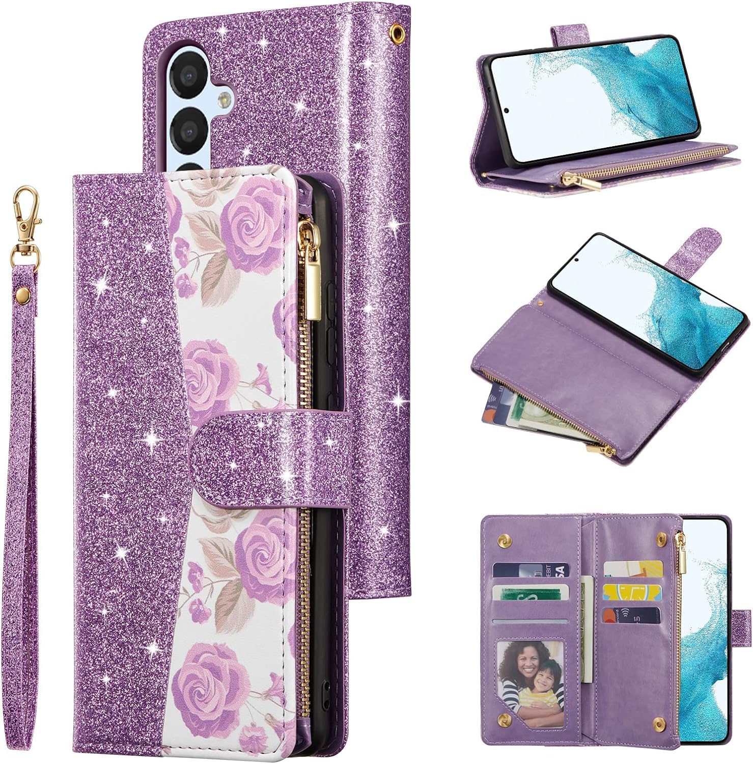 UEEBAI Wallet Case for Samsung Galaxy A35 5G, High-End PU Leather Magnetic Handbag Zipper Pocket Case Kickstand Card Holder Slots Wrist Strap TPU Shockproof Rose Flip Cover for Women - Bling Purple