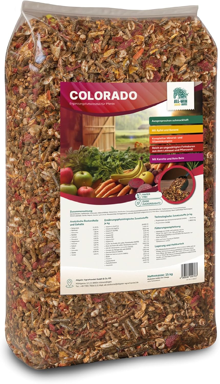 ALL-WIN Horse Colorado Müsli 15 kg | Haferfreies Pferdefutter | mit Apfel, Banane & Kräutern | Hohe Schmackhaftigkeit – Ergänzungsfuttermittel für Vitalität und Glanz ALL-WIN Horse Colorado Müsli 15 kg | Haferfreies Pferdefutter | mit Apfel, Banane & Kräutern | Hohe Schmackhaftigkeit – Ergänzungsfuttermittel für Vitalität und Glanz