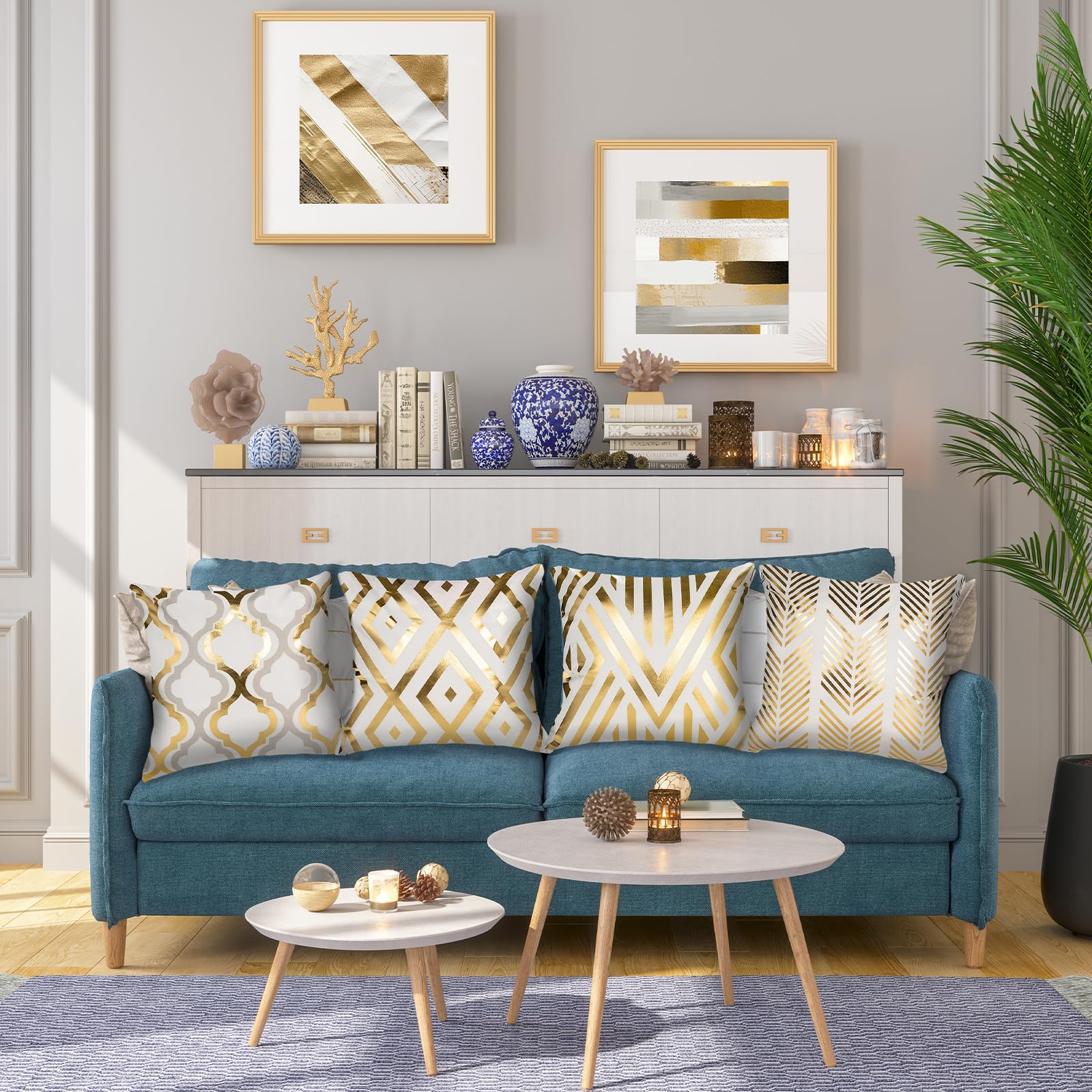 HOSTECCO White and Gold Throw Pillow Covers 18x18 inches Set of 4 Gold Geometric Pillow Cases Square Decorative Cushion Covers for Sofa Couch Office