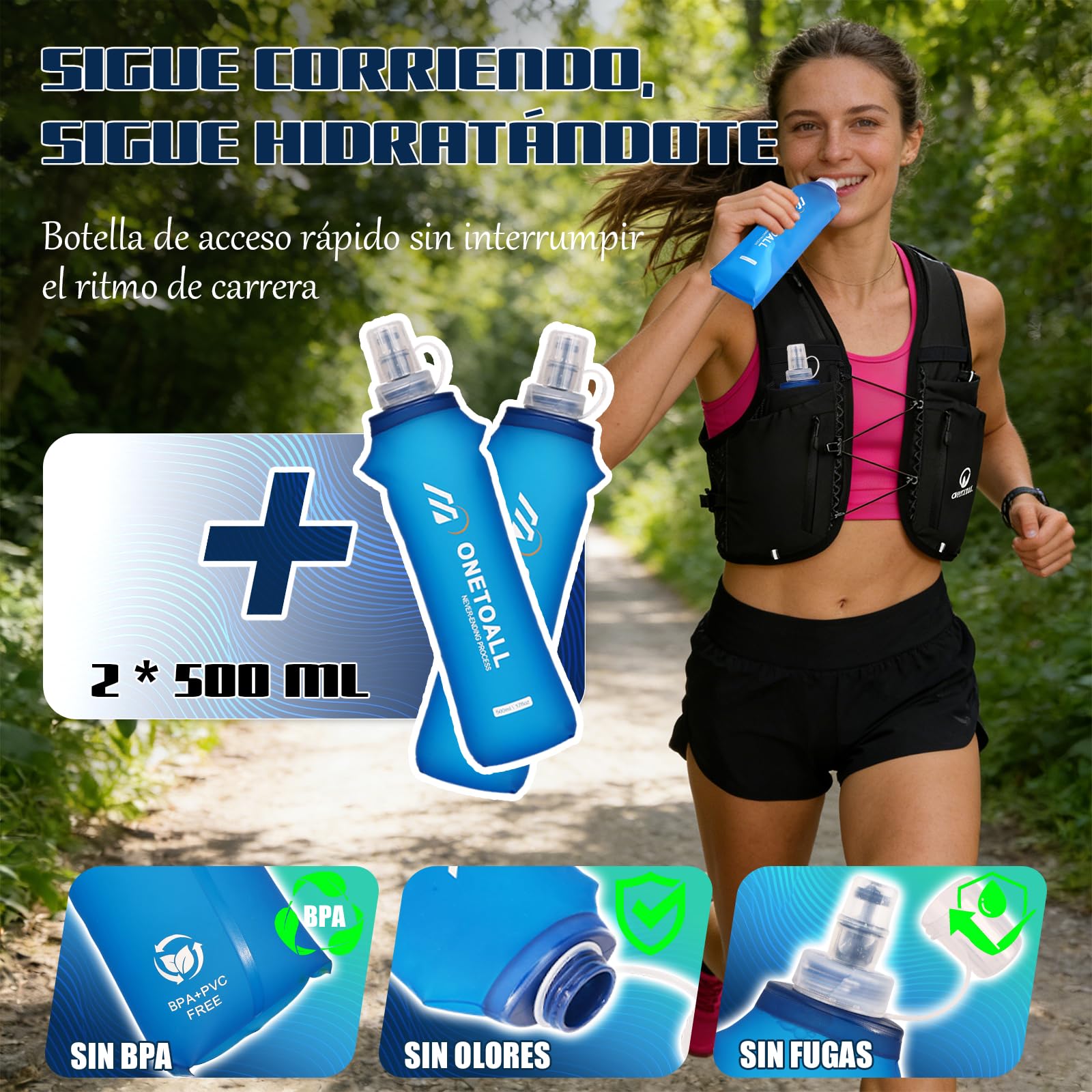 Chaleco Running Hombre Mujer con 2 Botella 500ml y Luz LED