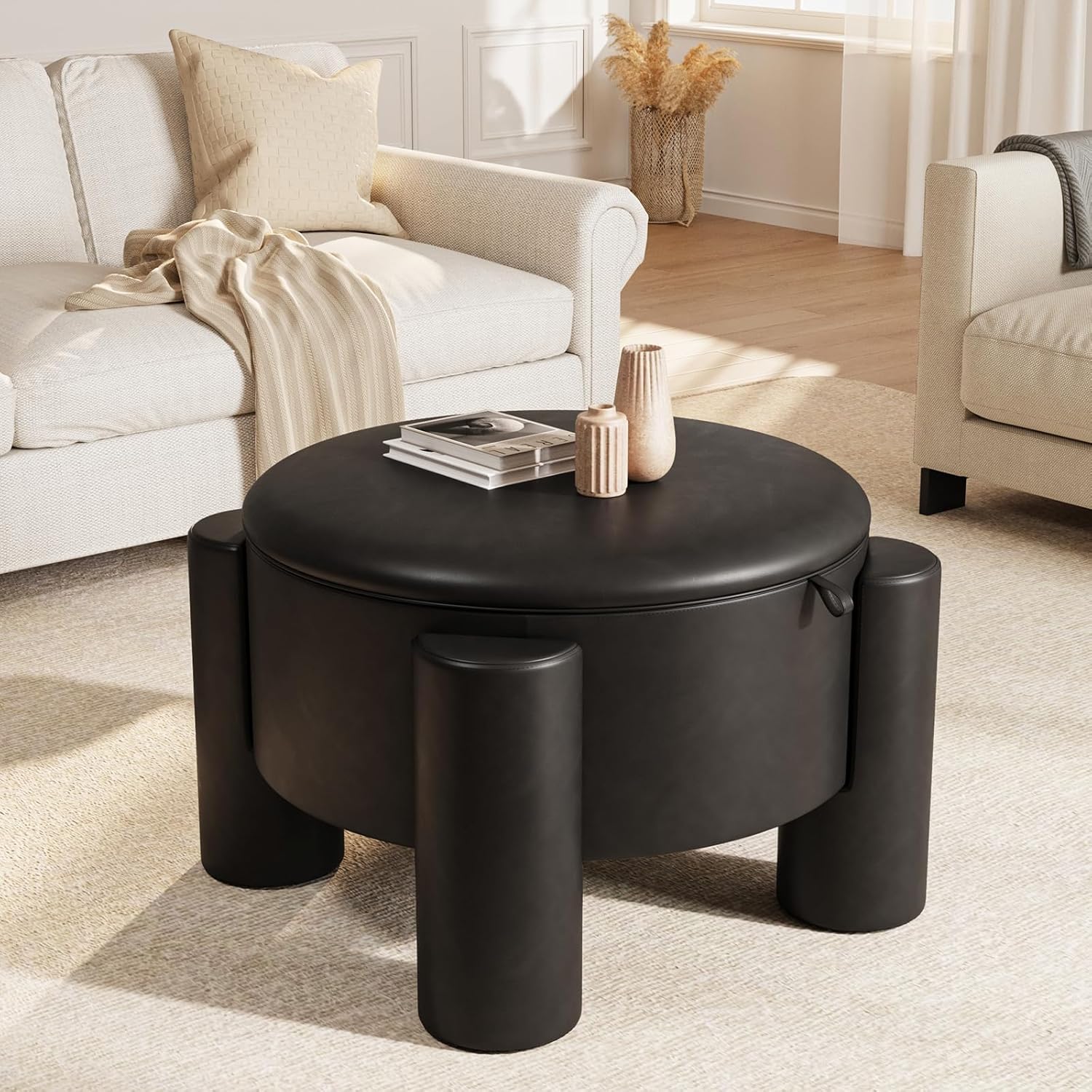 Round Ottoman Coffee Table with Storage,24" Faux Leather Storage Ottomans with Removable Top,Upholstered Vanity Stool Footrest for Small Spaces,Living Room,Apartment,Black