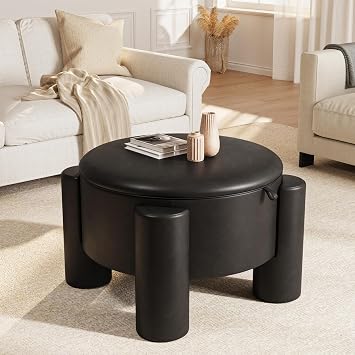 FiveWillowise 24 Inch Small Round Ottoman with Storage,Faux Leather | 24" Coffee Table,Storage Ottomans with Removable Top,Upholstered Vanity Stool for Small Spaces,Living Room,Apartment,Black