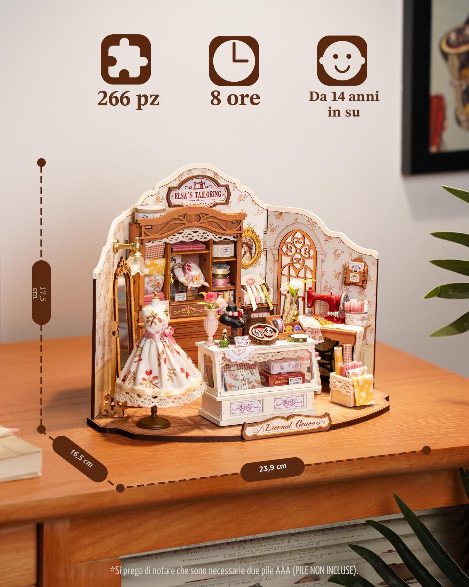 ROBOTIME Kit Casa delle Bambole in Miniatura Elsa's Tailoring, Kit di Costruzione in Legno con Luci LED, Miniature da Costruire per Adulti, Decorazione per la Casa, Regalo per Donne e Ragazze