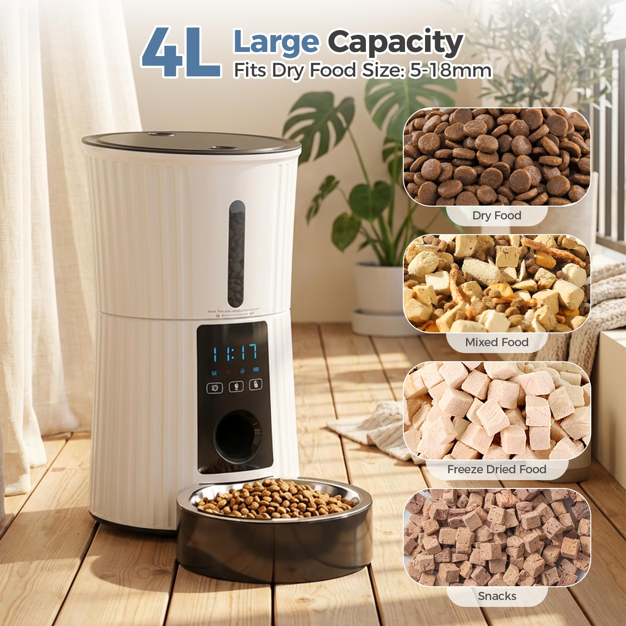 DUMOS Automatic Cat Feeder, 4L Timed Cat Food Dispenser with APP Control, 10s Voice Recorder, Dual Power Supply, 2.4G WiFi Indoor Programmable Pet Feeder with Desiccant for Small Cats and Dogs, White - image 3