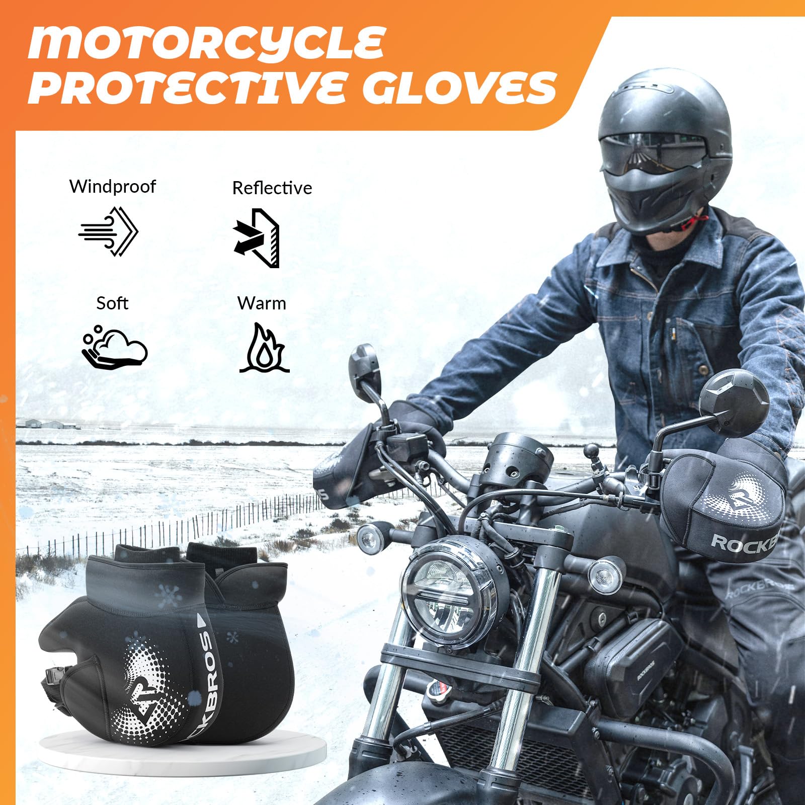 ROCKBROS Rękawiczki Zimowe na Kierownicę Motocyklu, Ciepłe, Wiatroodporne, z Polaru, Prosta Instalacja, Regulowane, Rozmiar Uniwersalny, Unisex