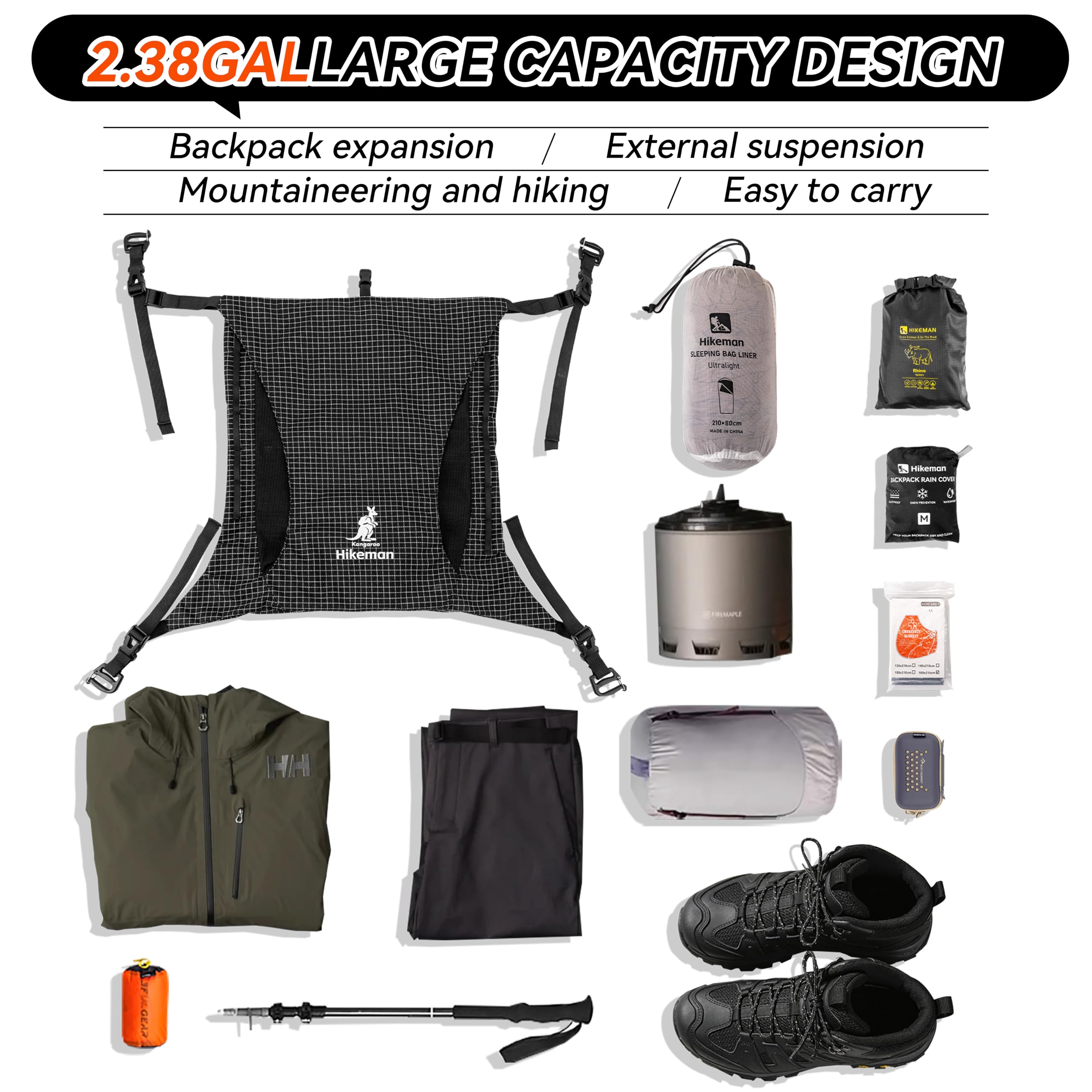 HIKEMAN Tasca per zaino, borsa leggera per zaino, tasca frontale traspirante in rete elastica, borsa portatile per attrezzatura da escursionismo, per riporre indumenti bagnati/attrezzatura da pioggia