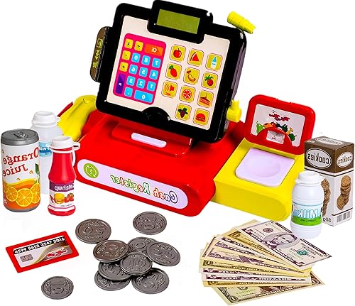Caja registradora de juguete de simulación para niños con alimentos, dinero, luces eléctricas, calculadora y sonidos, 27 piezas Big Mo's Toys