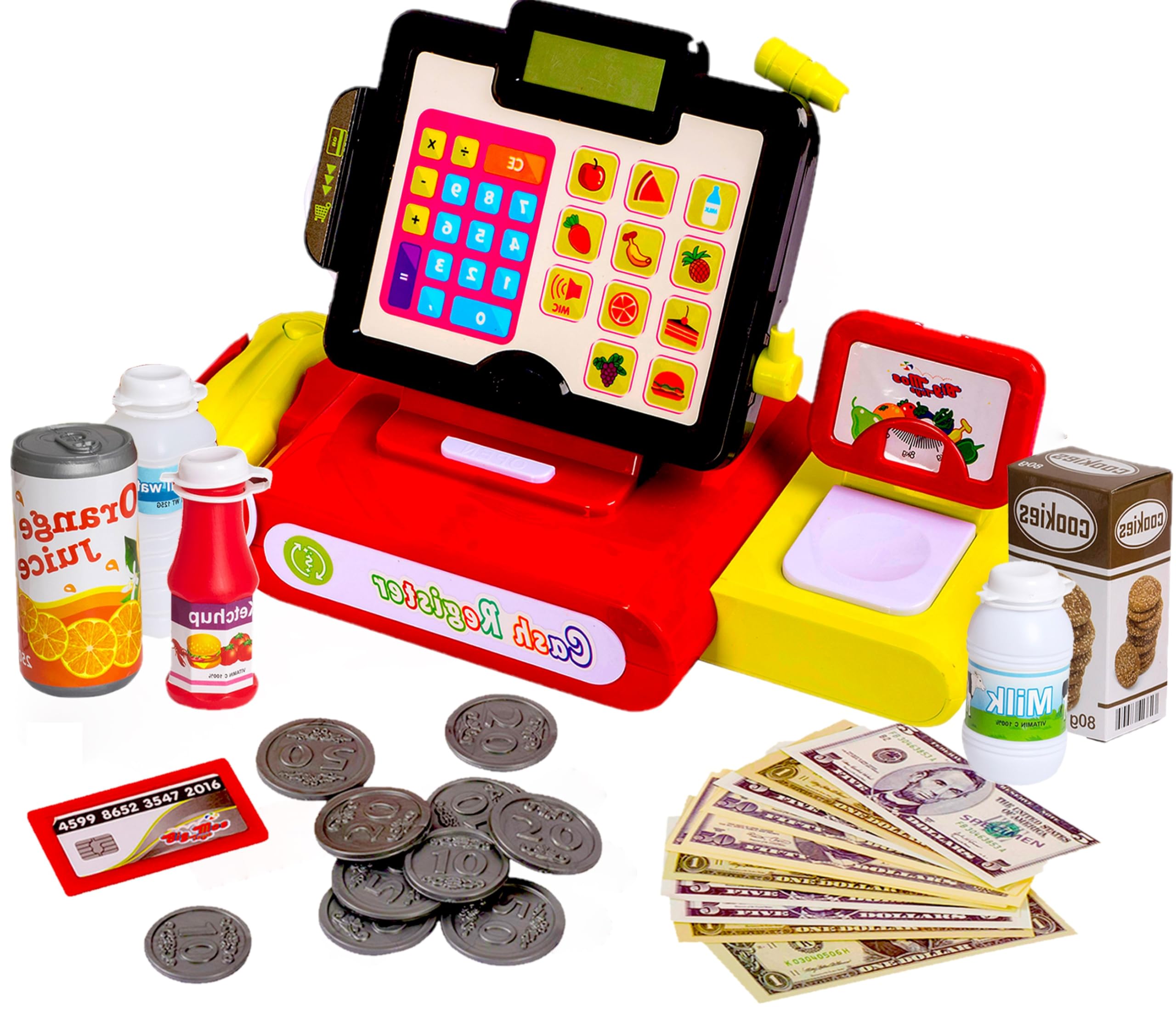 Cash Register Pretend Play Toy Kids Grocery Store Set with Food, Money, Electric Lights, Calculator, and Sounds- 27 Piece Big Mo's Toys