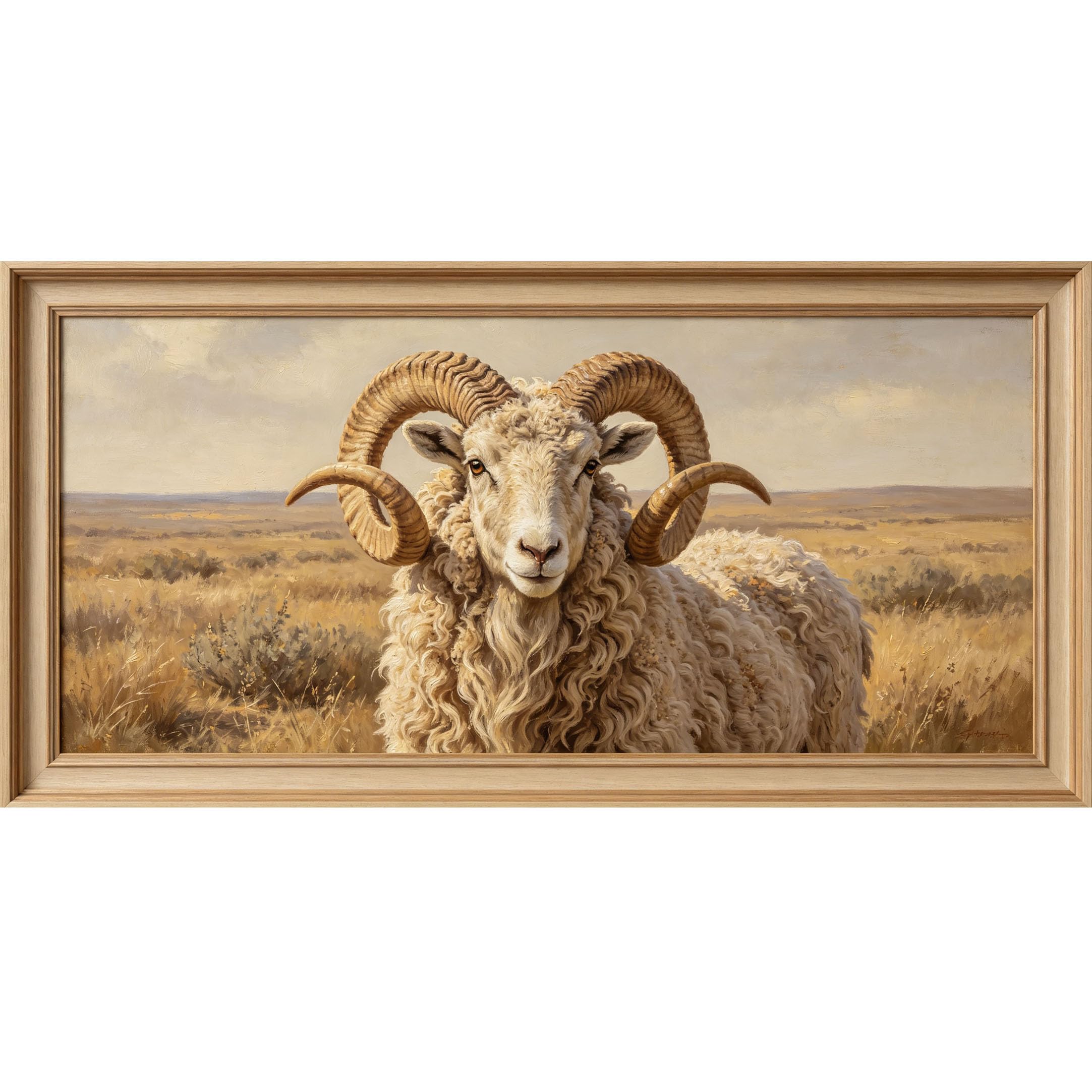 Agglomerix 3D Framed Wall Art Ram Sheep Western Farmhouse Landscape Oil Painting Large Size Self-Adhesive Removable Wall Decor Prints Artwork for Living Room Bedroom Office