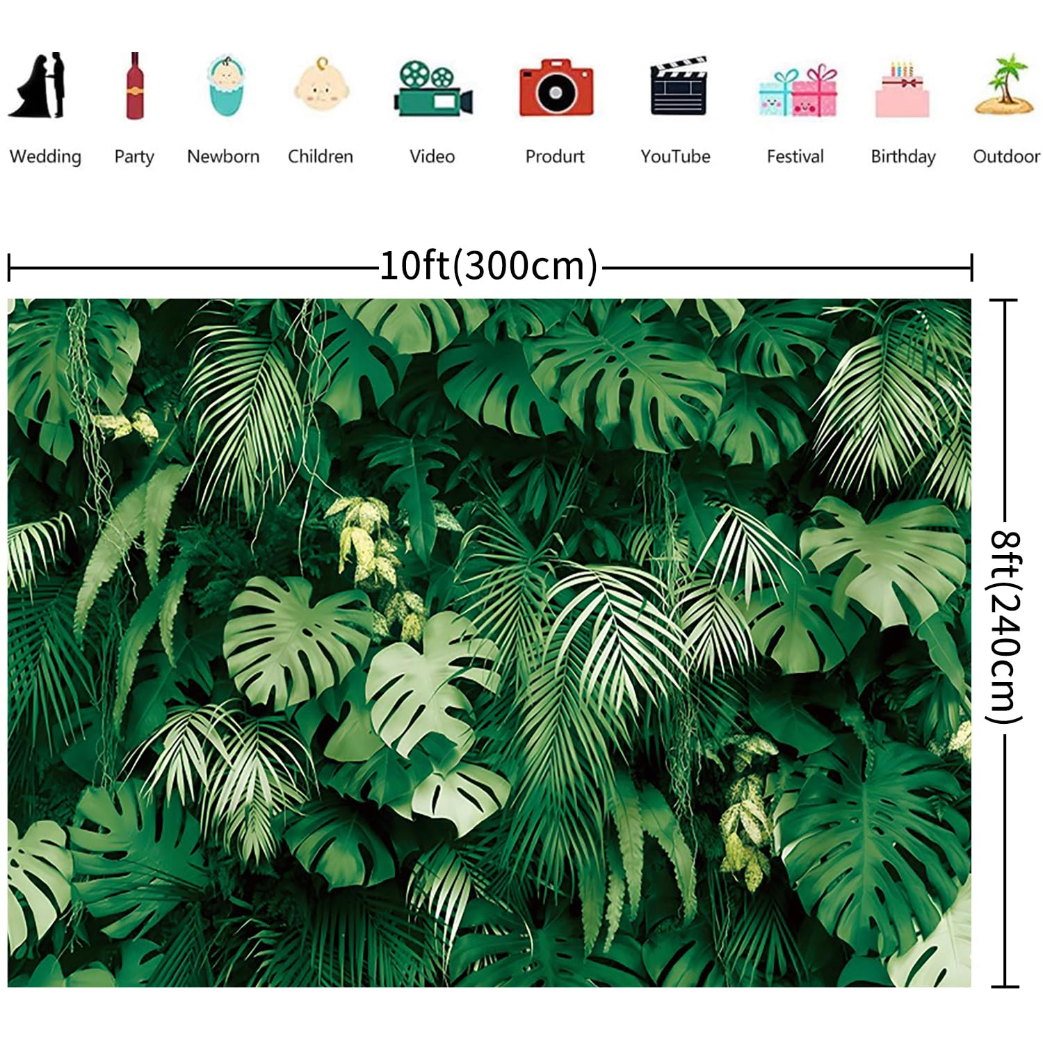 3x2.4m Toile de Fond Jungle Vert Tropical Rainforest Palm Leaves Plant Photography Background Outdoor Kids Adult Family Party Decorations Banner Photo Booth Props