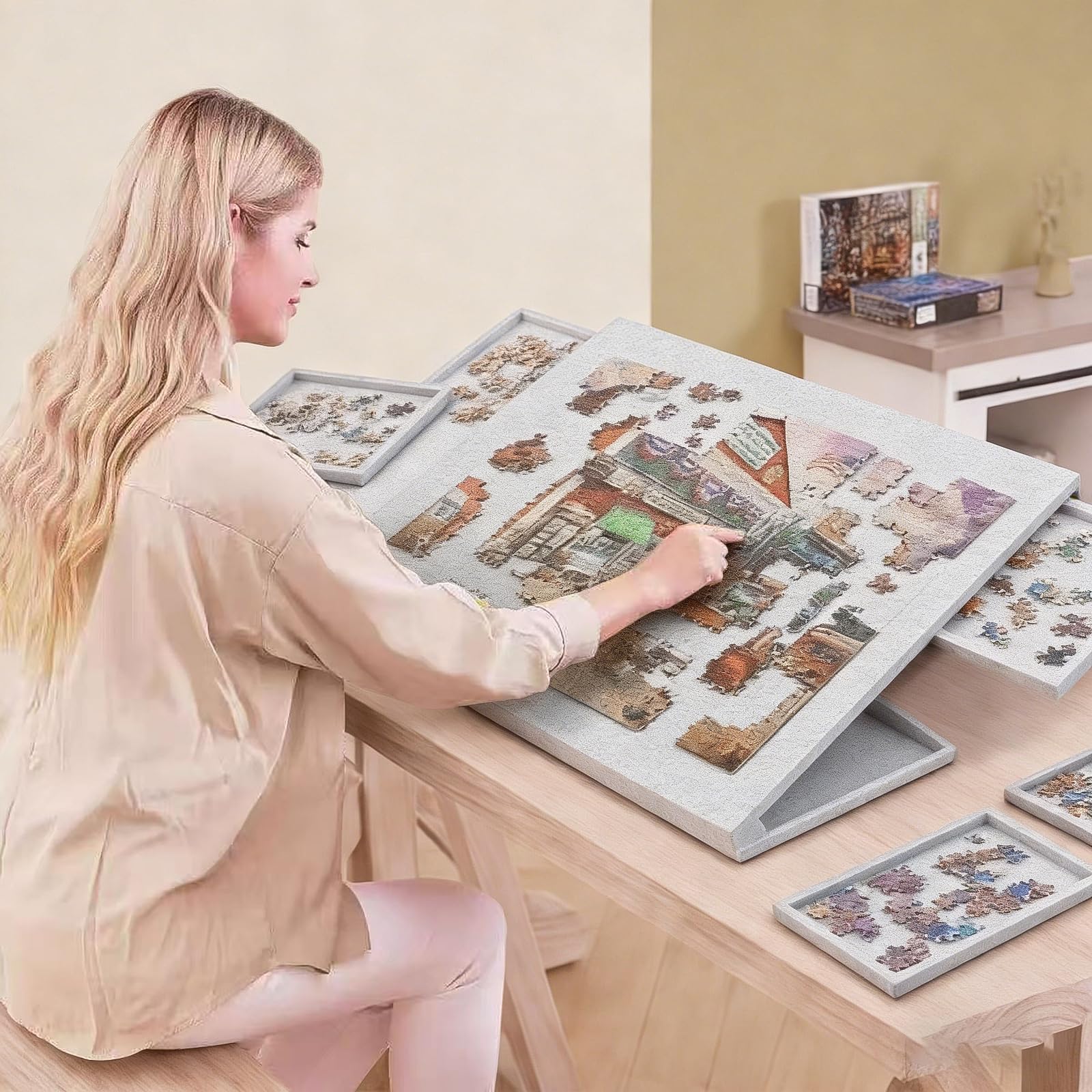 Przechylany stół do puzzli z 6 szufladami i pokrywą – lekka deska do puzzli z filcu na do 1000 elementów – ze stojakiem 2 w 1 i uchwytem transportowym – idealny dla dorosłych i fanów