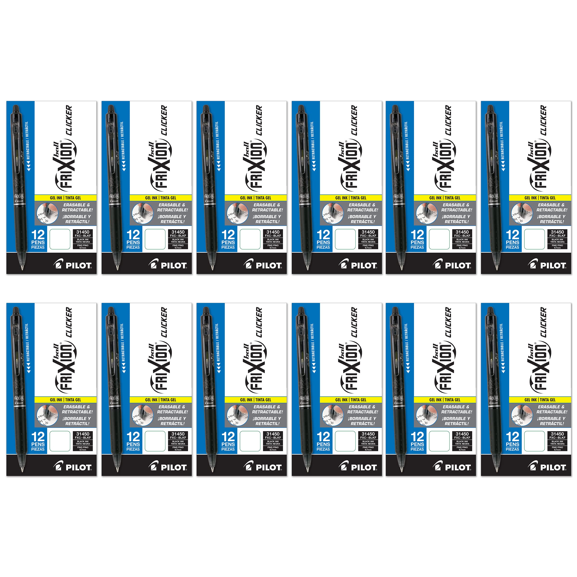 FriXion Clicker Erasable Gel Pens, Fine Point 0.7 mm, (Pack of 12, 144 Count Total), Black by PILOT – 12 Count, Ink, Black, Model 18505