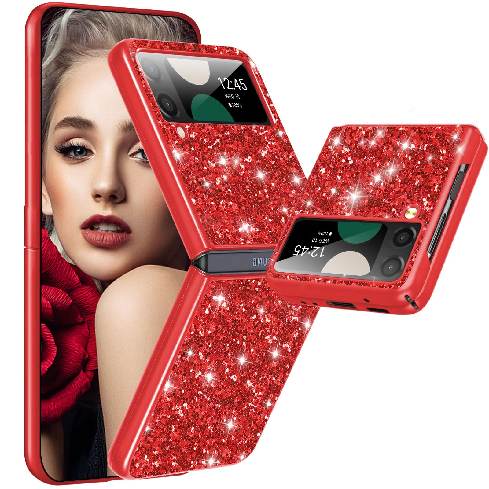 Z Flip 4 Case Glitter Galaxy Z Flip 4 Slim Sparkle Diamond TPU Bumper Full Body Shockproof Protection Cover for Samsung Galaxy Z Flip 4 Phone Case Women Girls Soft Cover 5G/6.7" (Red)