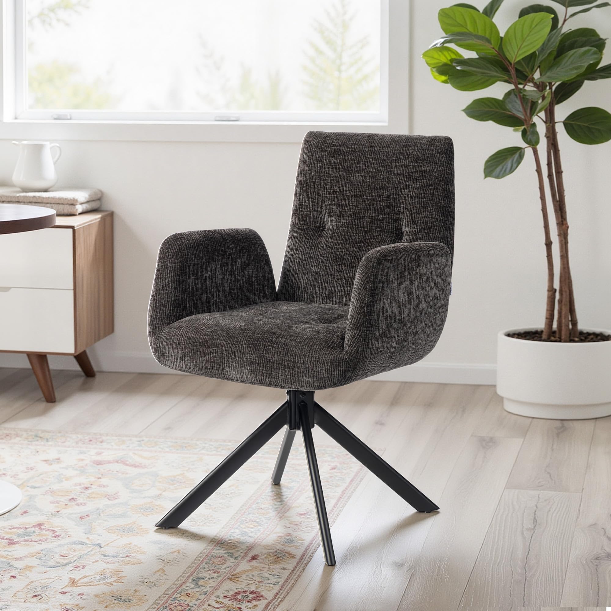HOMCOM Sessel Drehbar Loungesessel mit Armlehne, Wolle-Leinenoptik, modern Polsterstuhl mit Knopfheftung, Stahlbeine, für Wohnzimmer, Schlafzimmer, Schwarz