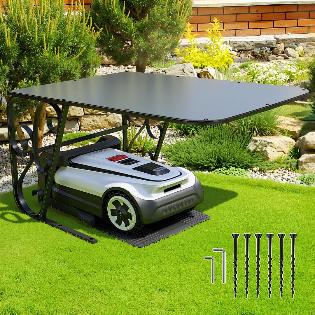 Mähroboter Garage, Garage für Mähroboter aus Aluminium-Verbundplatte,Wind und Witterung rasenroboter garage,Schützen Sie den Mähroboter vor UV-Strahlung,80x56x43cm,Einfache Installation