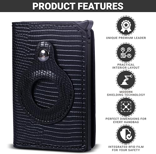 Miniatura 3 de Soporte para tarjetas AirTag, billetera plegable delgada para hombre, billetera. Compatible con Apple AirTag, cuero negro, bloqueo RFID, ventana de