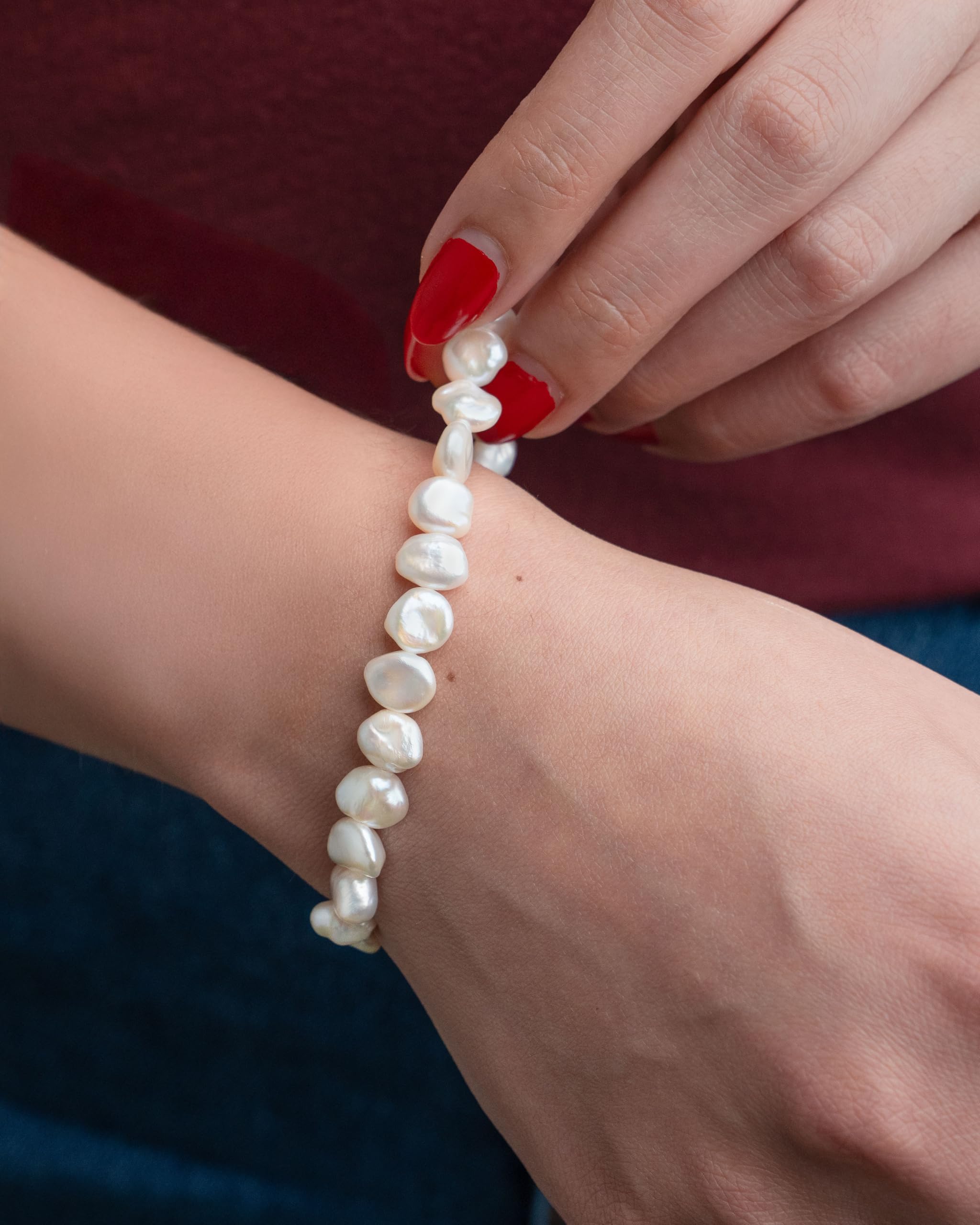 Secret & You Bracciale da Donna con Perle Naturali d'Acqua Dolce coltivate Barocca Keshi Colori Naturali - Bracciale Elastico di 18 cm.