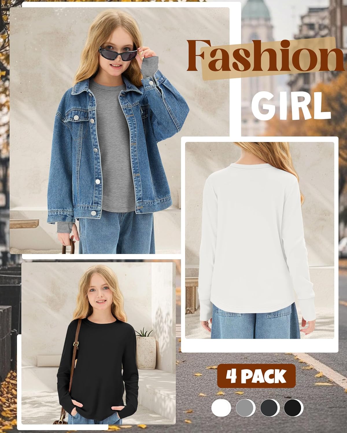 4 Pack Girls' Cotton Shirts with Thumb Holes Long Sleeve Basic Crew Neck Tops Casual Lightweight Tees 5-14Y - Image 5