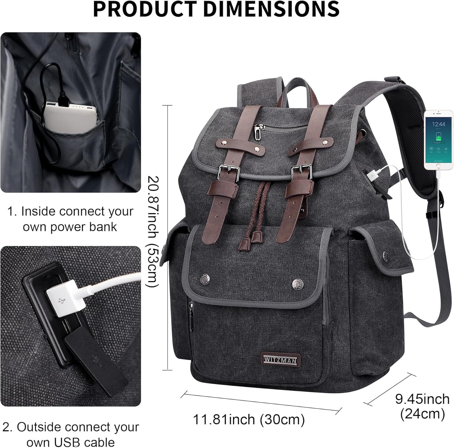 WITZMAN Canvas Backpack for Men Vintage Rucksack Fit 15.6 inch Laptop Backpack Travel High Capacity Casual Daypack (A8004 Black/Gery - Image 7