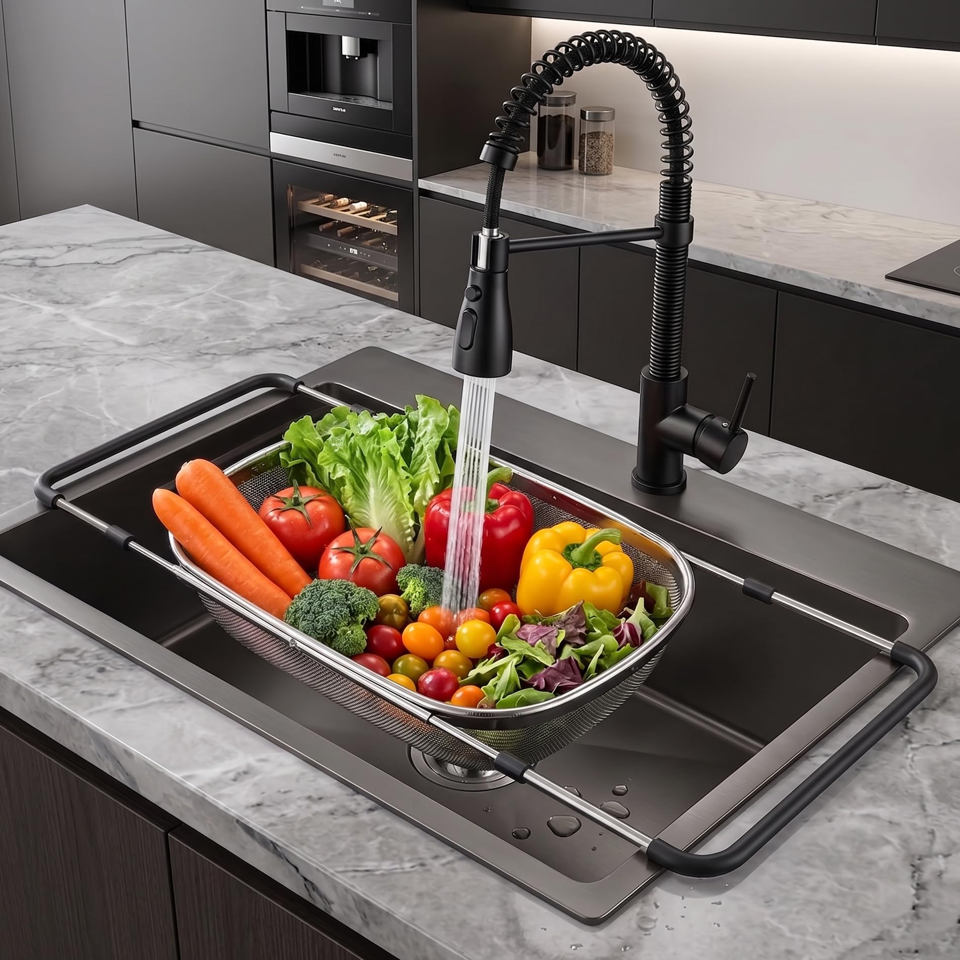 MGE - Scolapasta Acciaio Inox Maglia Fine - Colino Acciaio Inox Maglia Fine - Colino Cucina - Scolapasta con Manico, Filtro per Pasta, Riso, Verdura - Scola Pasta da Cucina Acciaio Inox - 34 x 24 cm