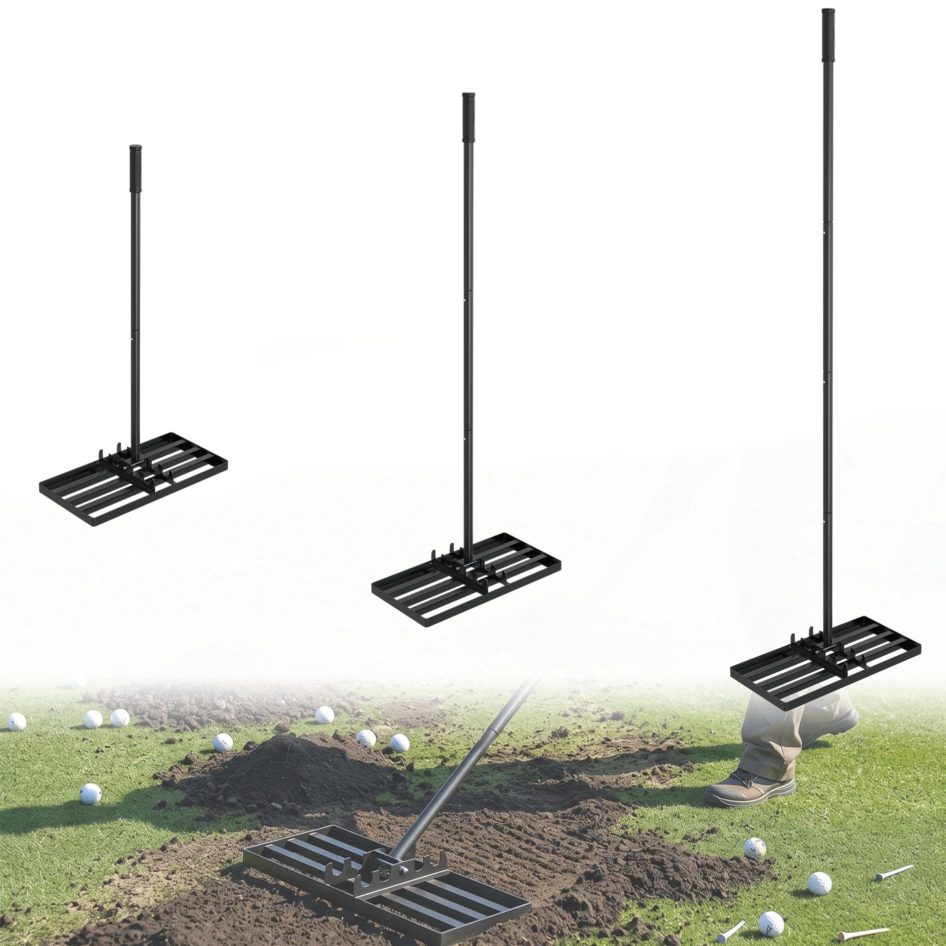 Lawn Leveling Rake Rasqueta de 75 x 25 cm, color negro, rastrillo de nivelación ajustable de 95,5 a 185 cm, con mango de acero inoxidable y mango de goma, rastrillo de césped, ideal para el