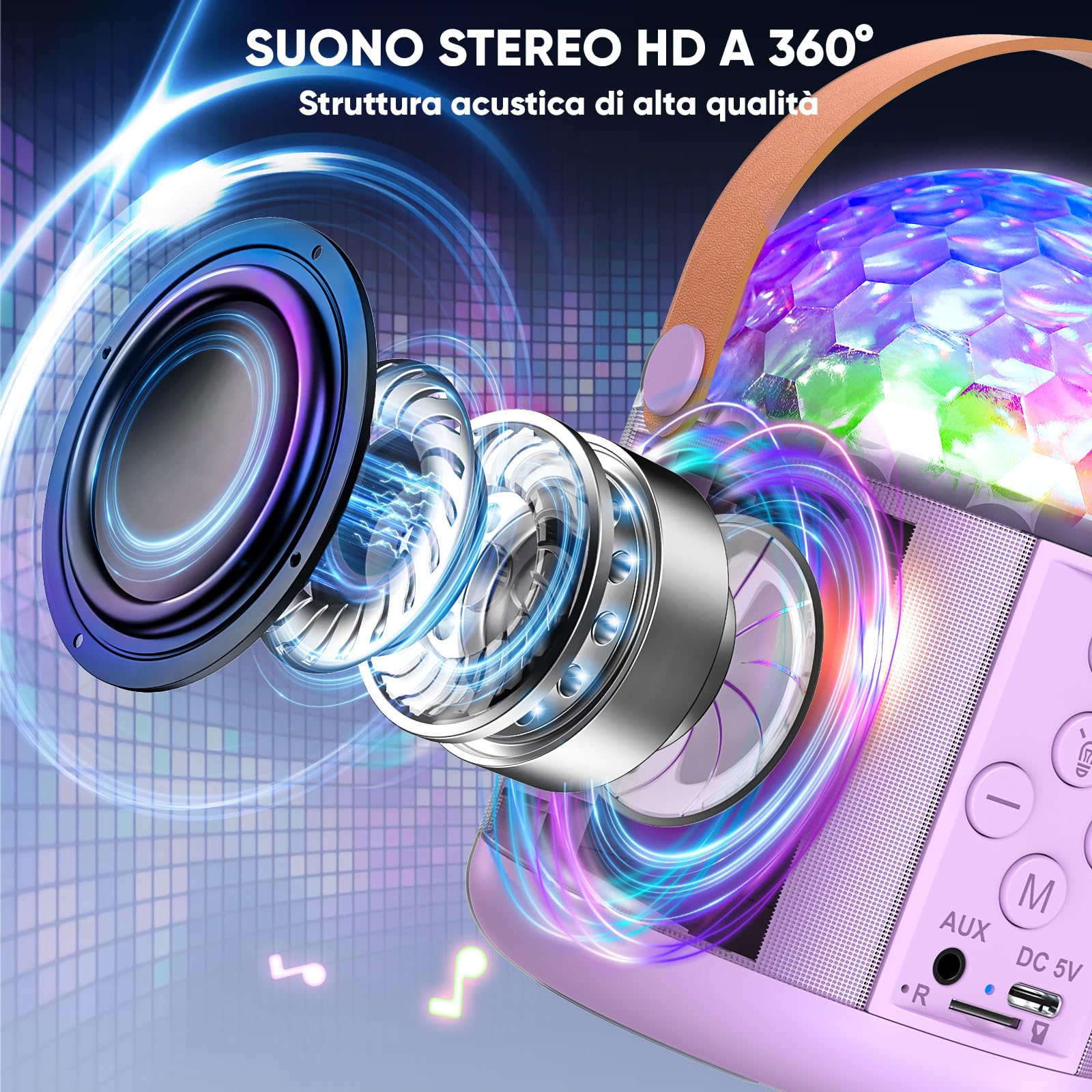 Karaoke per Bambini & Adulti con Luci Discoteca,Regalo Bambina 5-12+ Anni Cassa Bluetooth con Microfono Bluetooth Giocattoli Musicali Palla da Discoteca Luci Incredibili Giocattolo Musicale per Feste